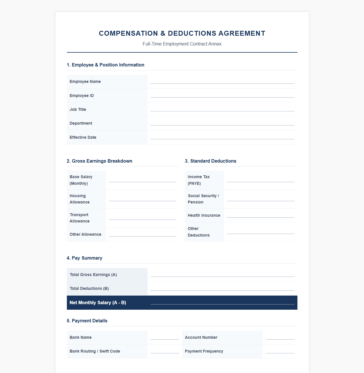 Full-Time Contract Compensation and Deductions Template