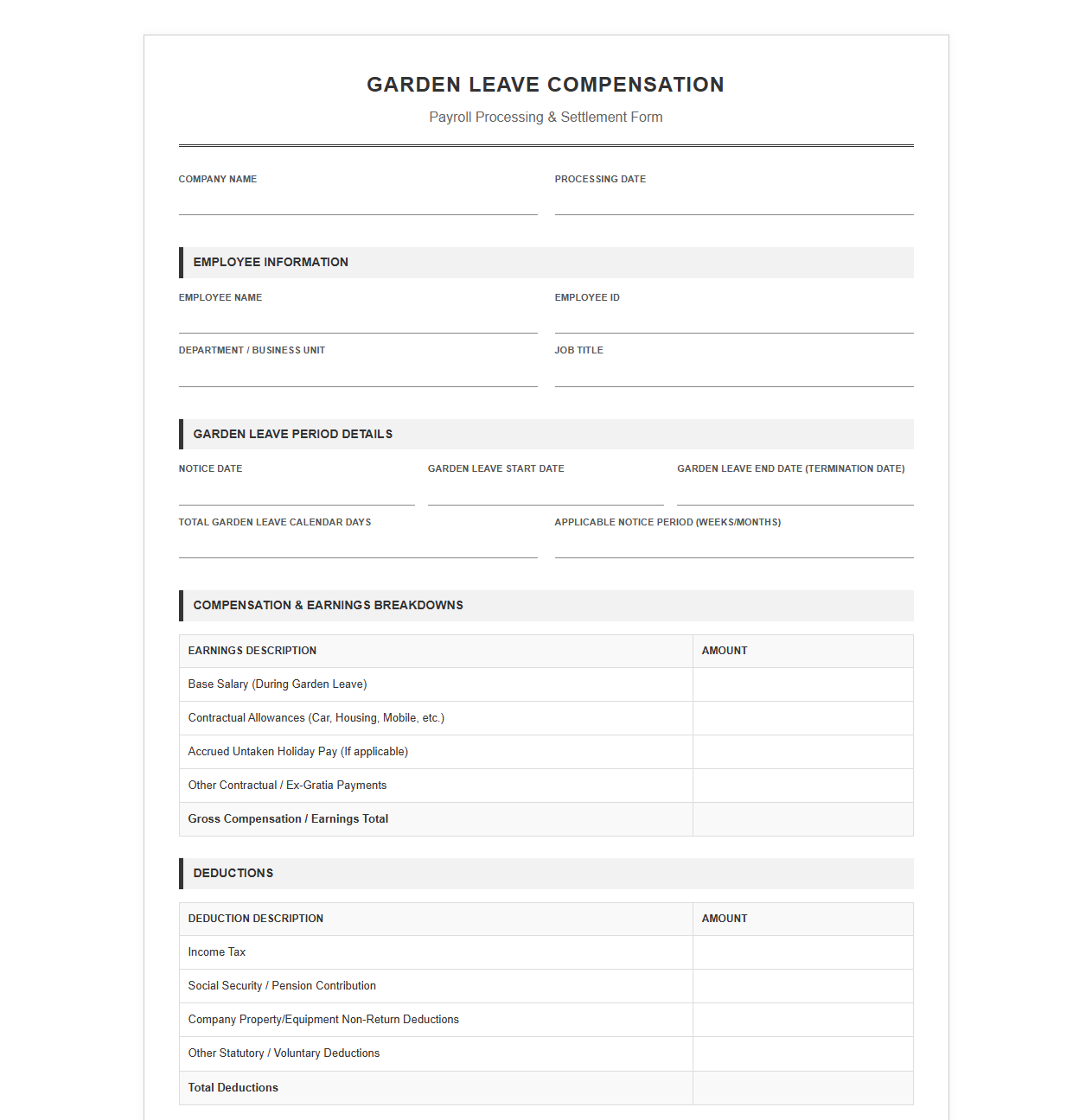 Garden Leave Compensation Payroll Form