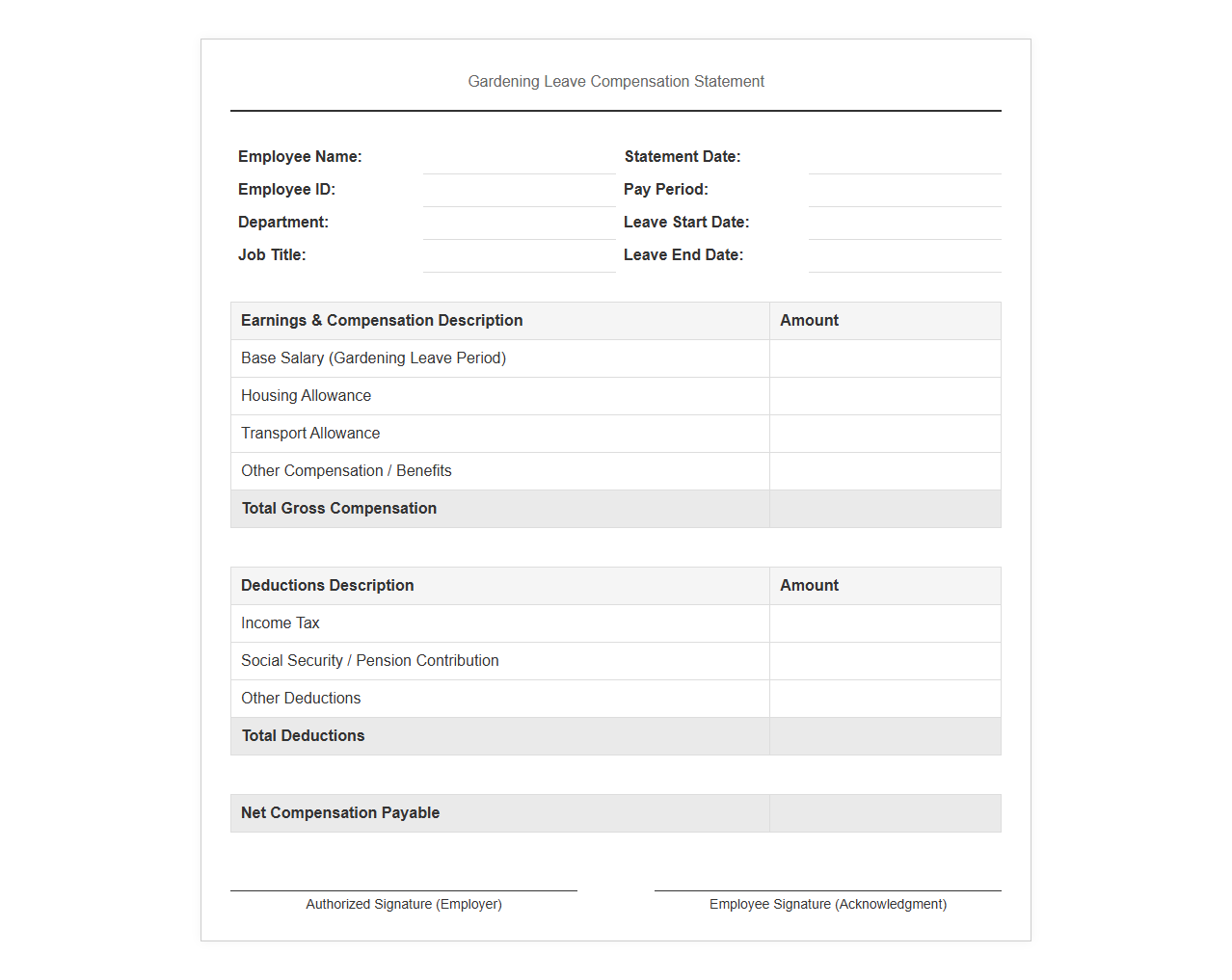 Gardening Leave Compensation Statement Template