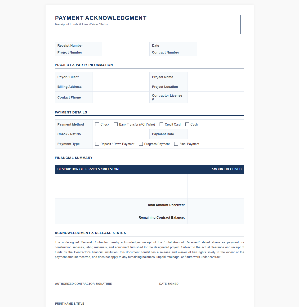 General Contractor Payment Acknowledgment Template