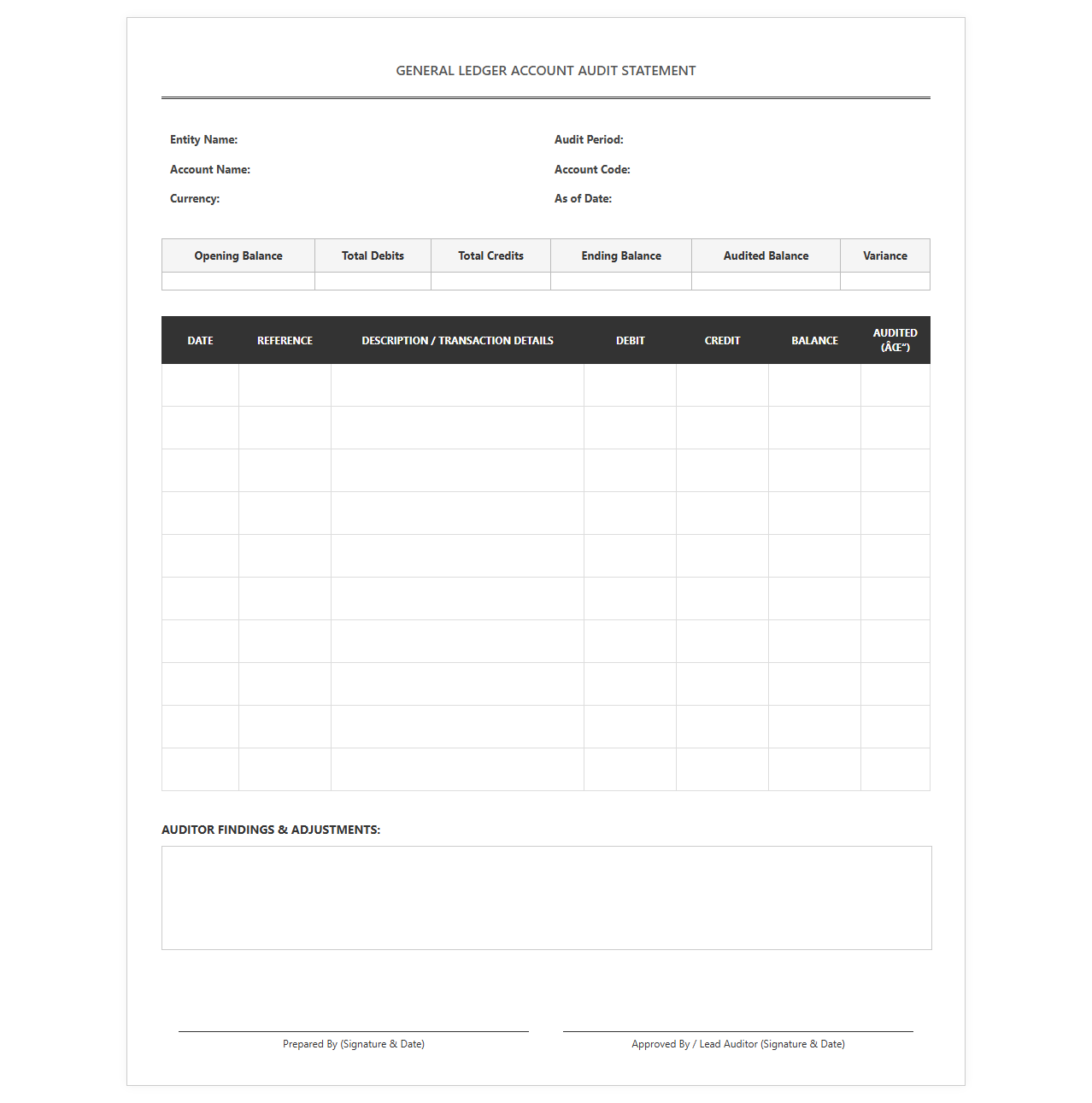 General Ledger Account Audit Statement Layout