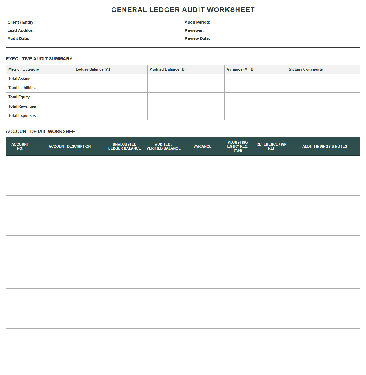 General Ledger Audit Worksheet Template