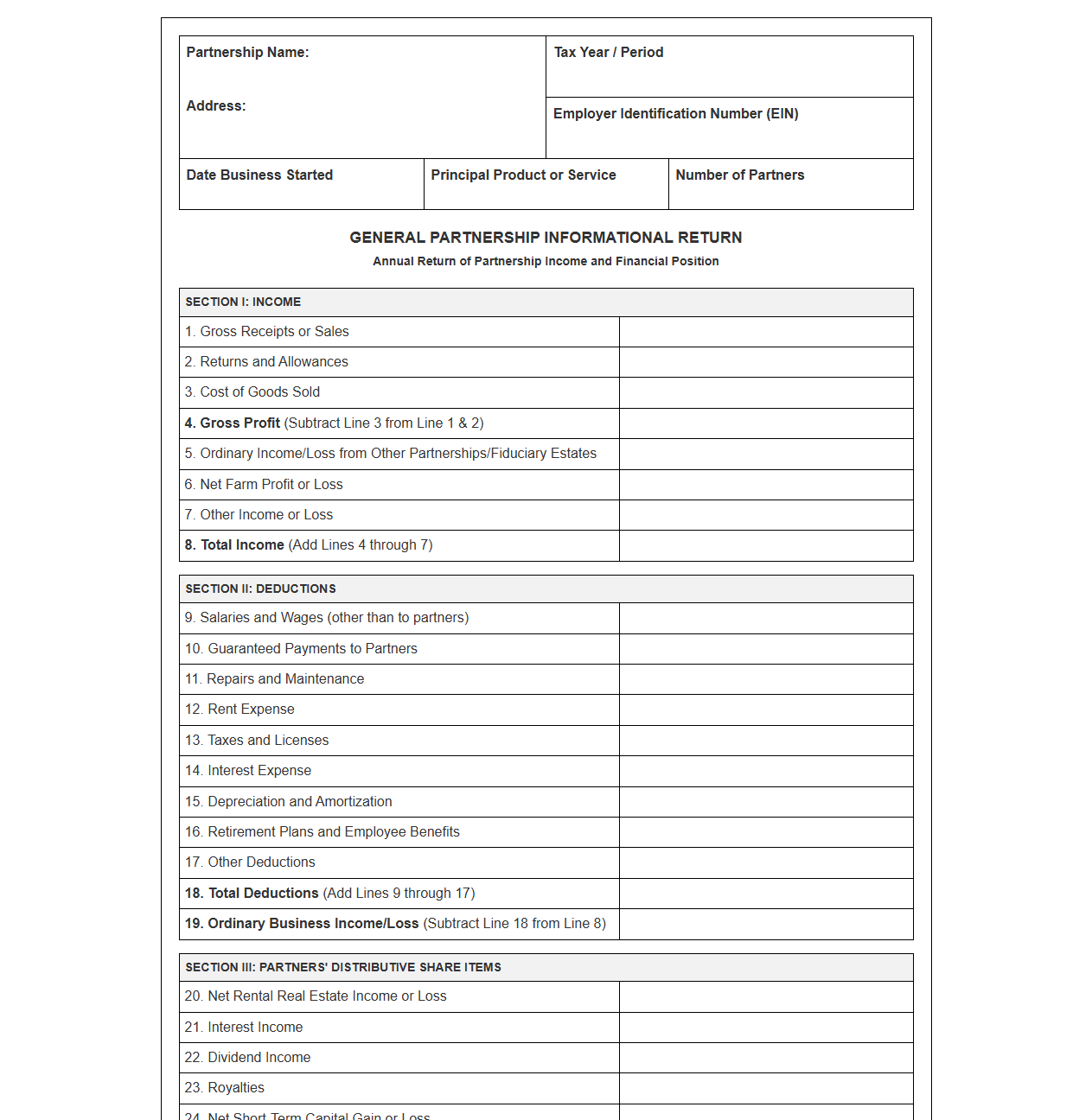 General Partnership Informational Return Template