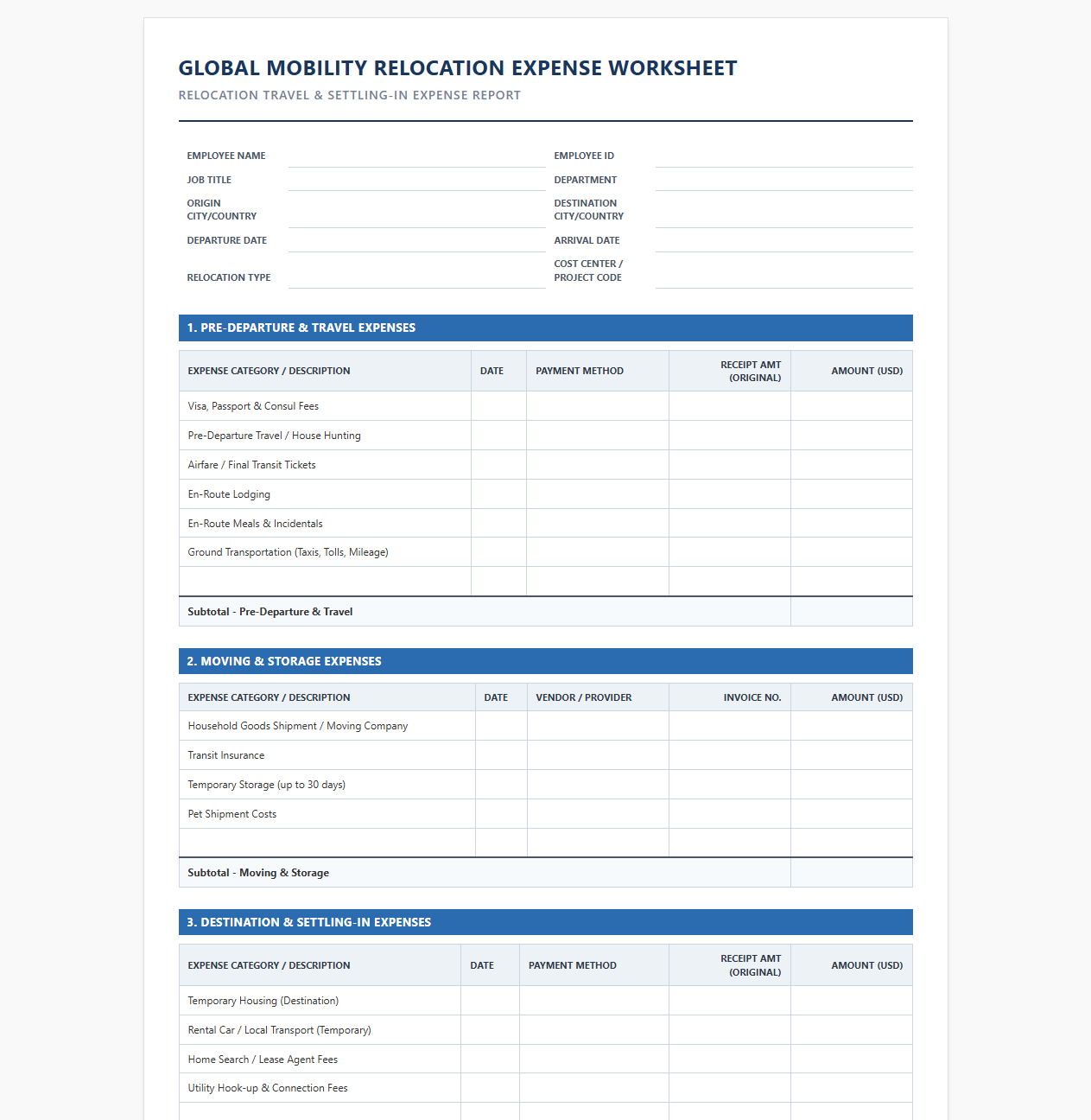 Global Mobility Relocation Expense Worksheet