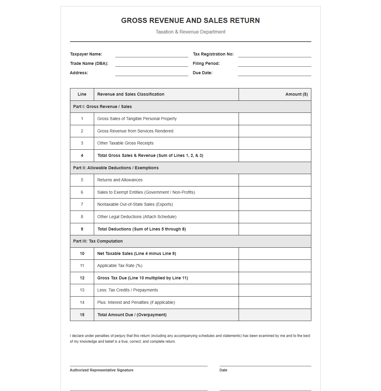 Gross Revenue and Sales Return Template
