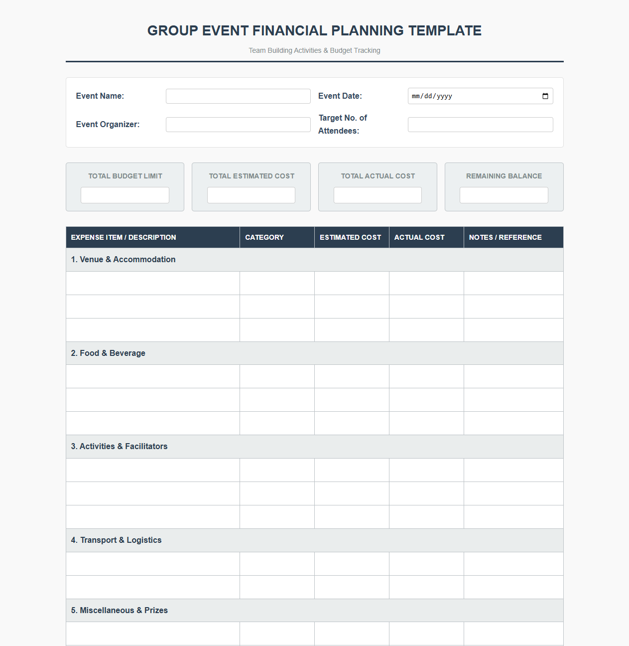 Group Event Financial Planning Template