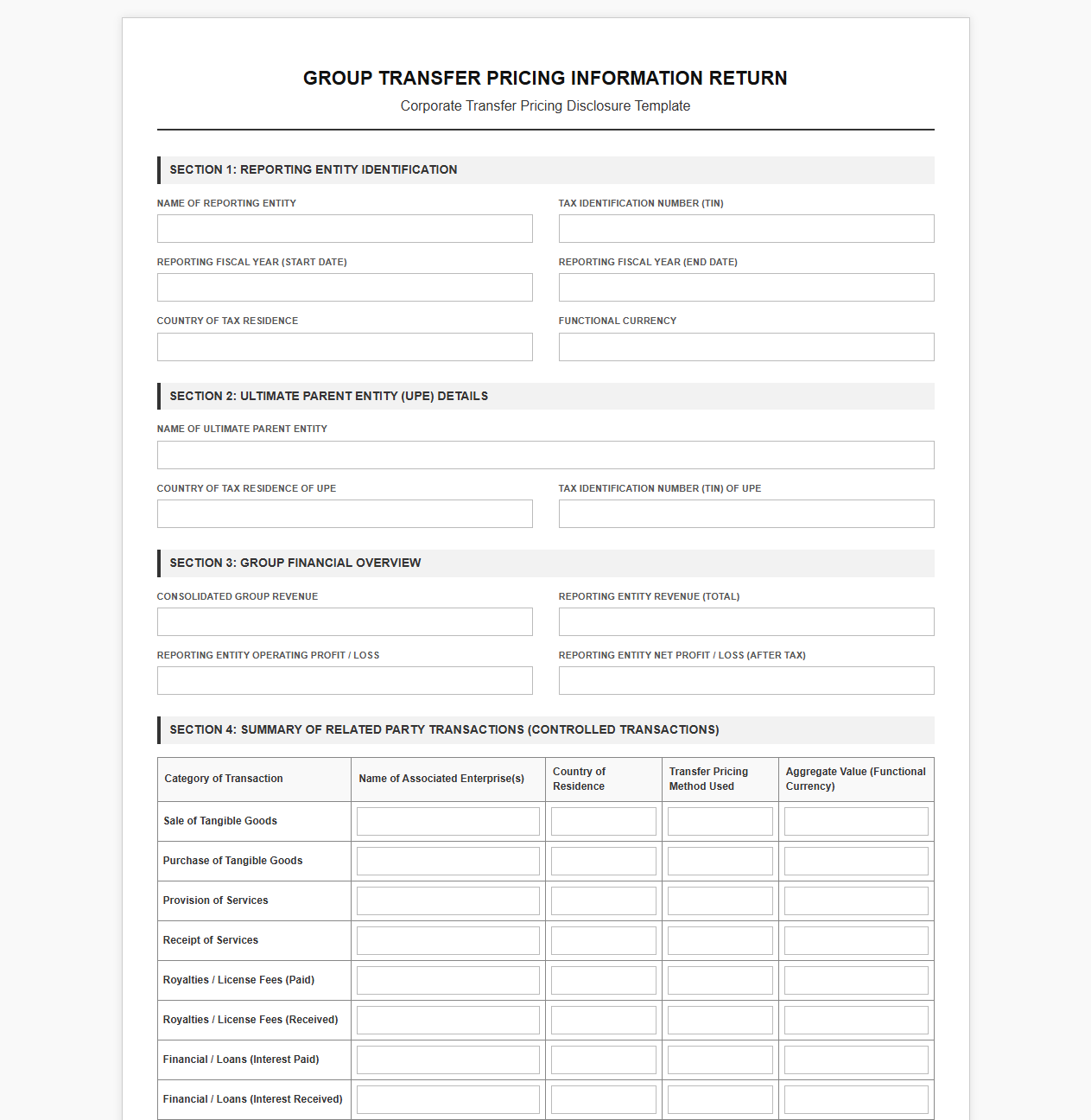 Group Transfer Pricing Information Return Form