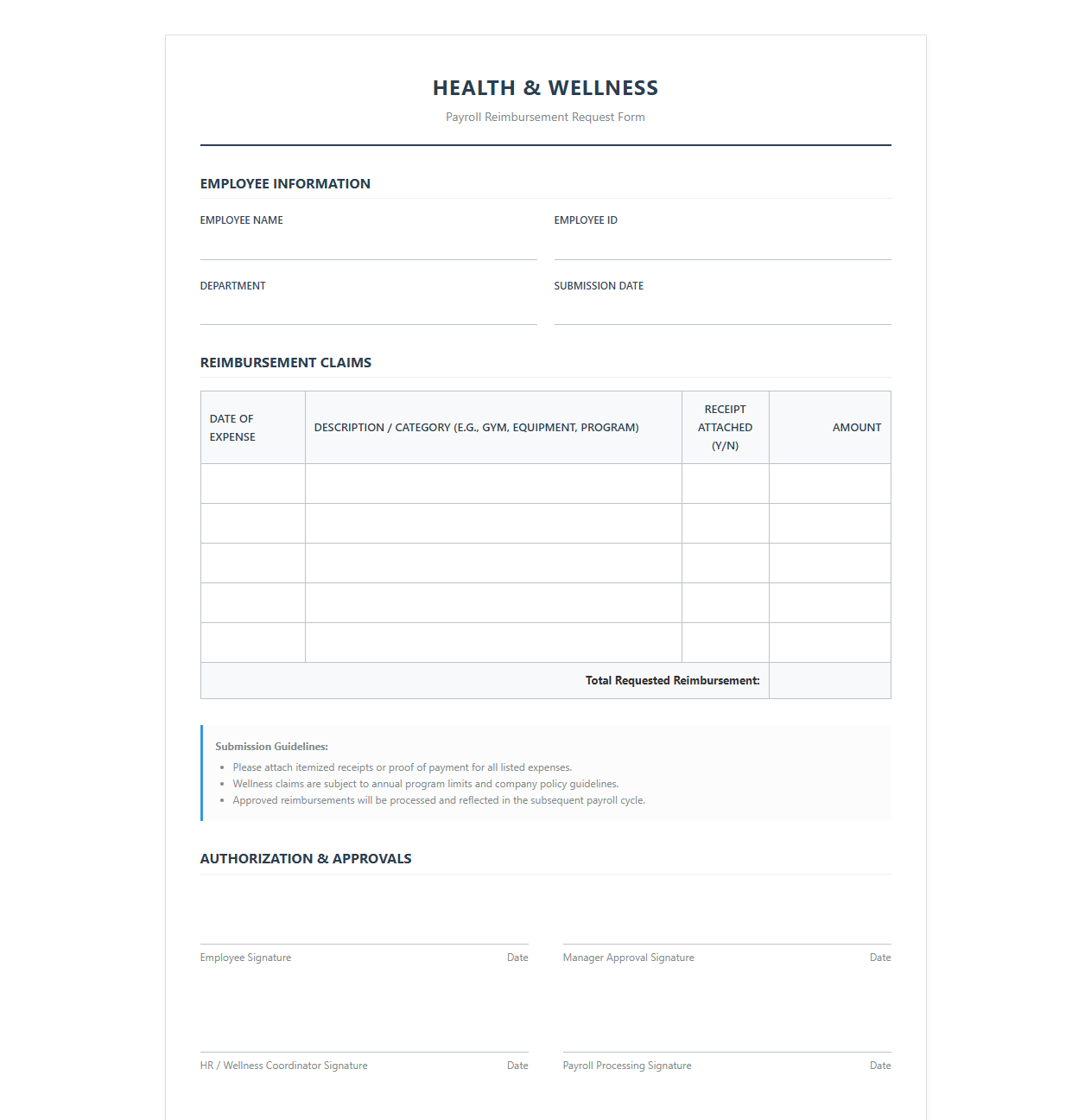 Health and Wellness Payroll Reimbursement Template