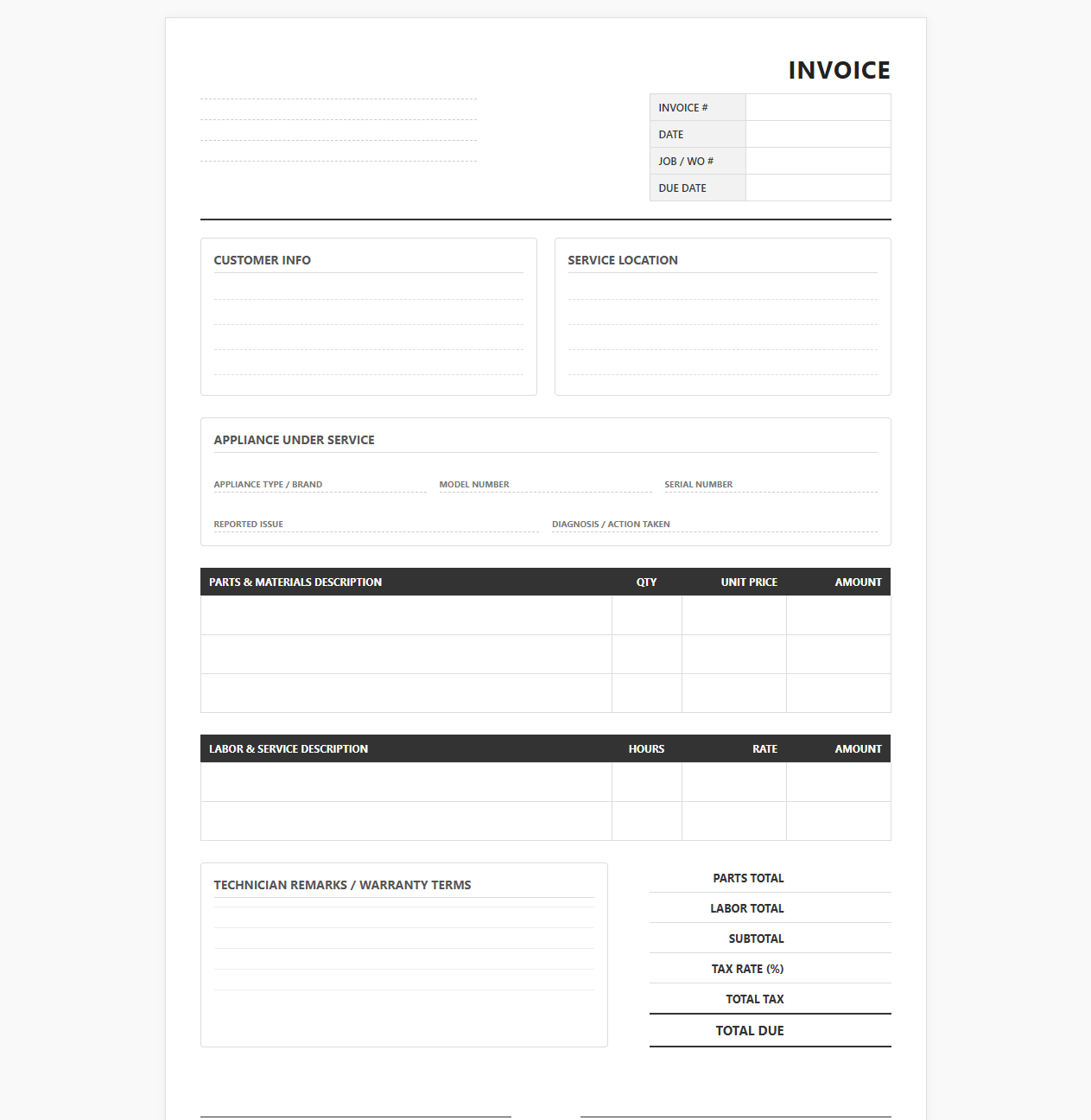 Home Appliance Repair Billing Invoice