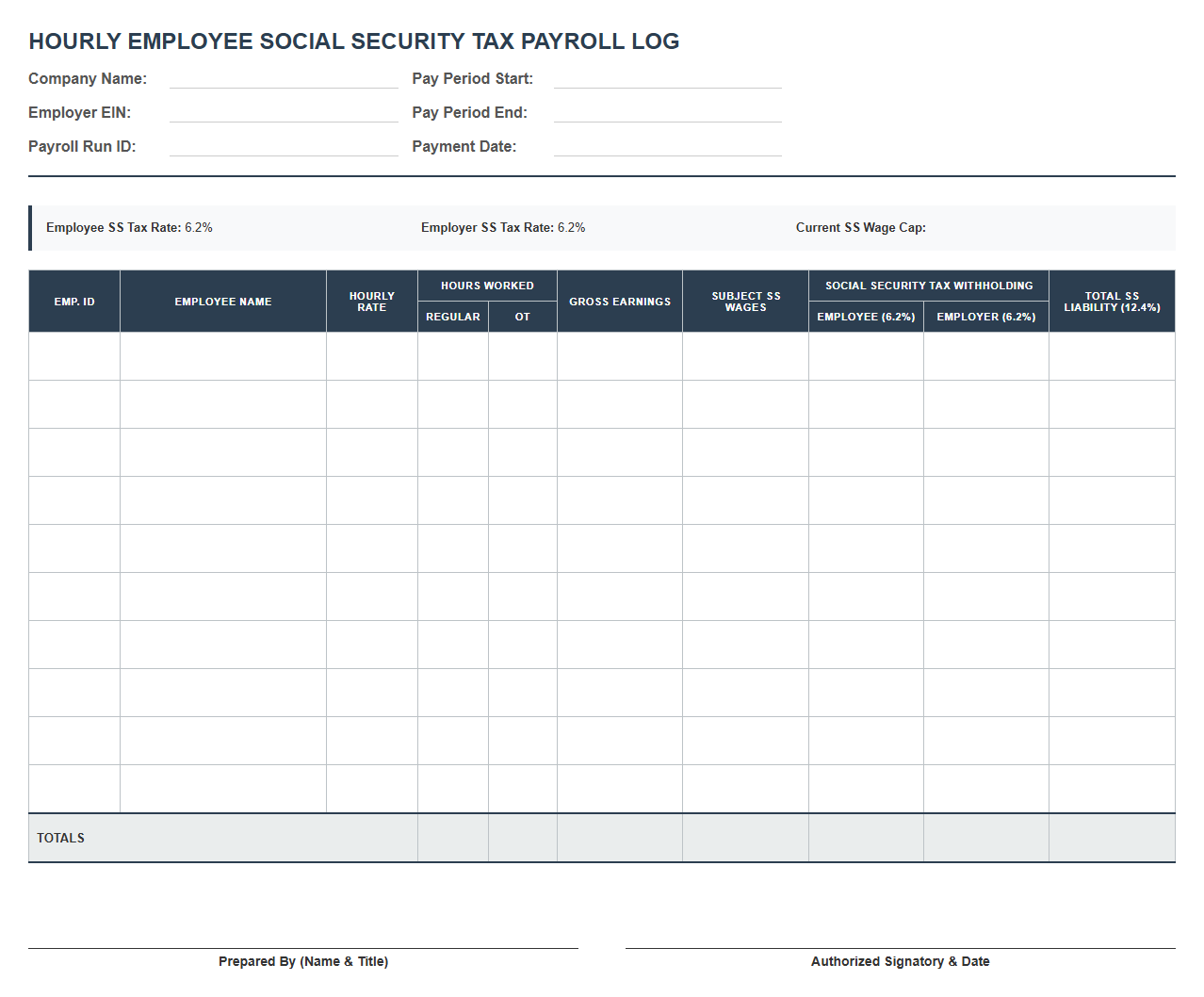 Hourly Employee Social Security Tax Payroll Log