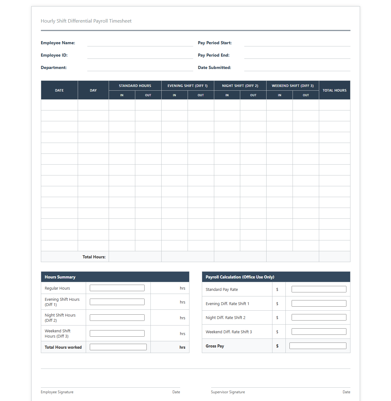 Hourly Shift Differential Payroll Timesheet