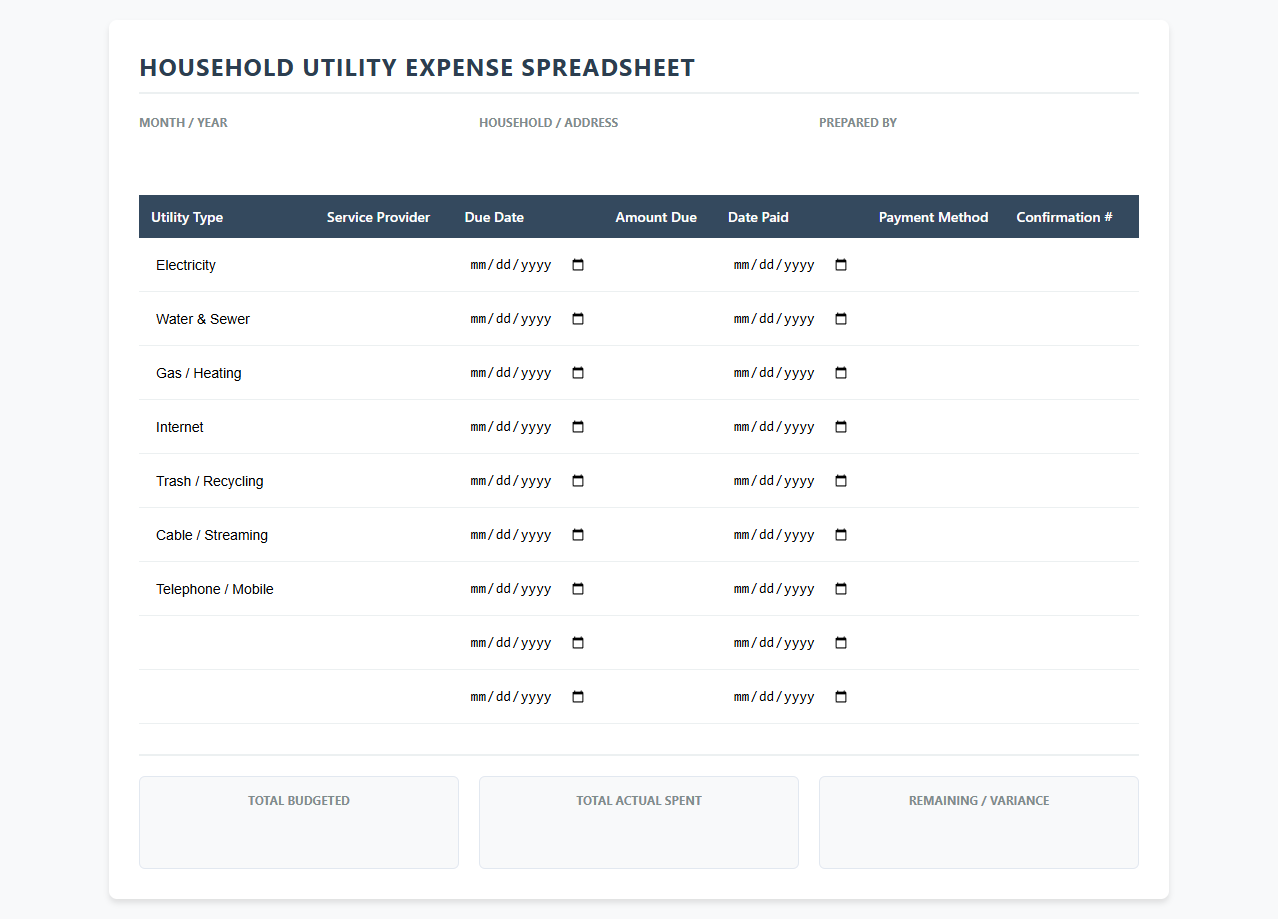 Household Utility Expense Spreadsheet