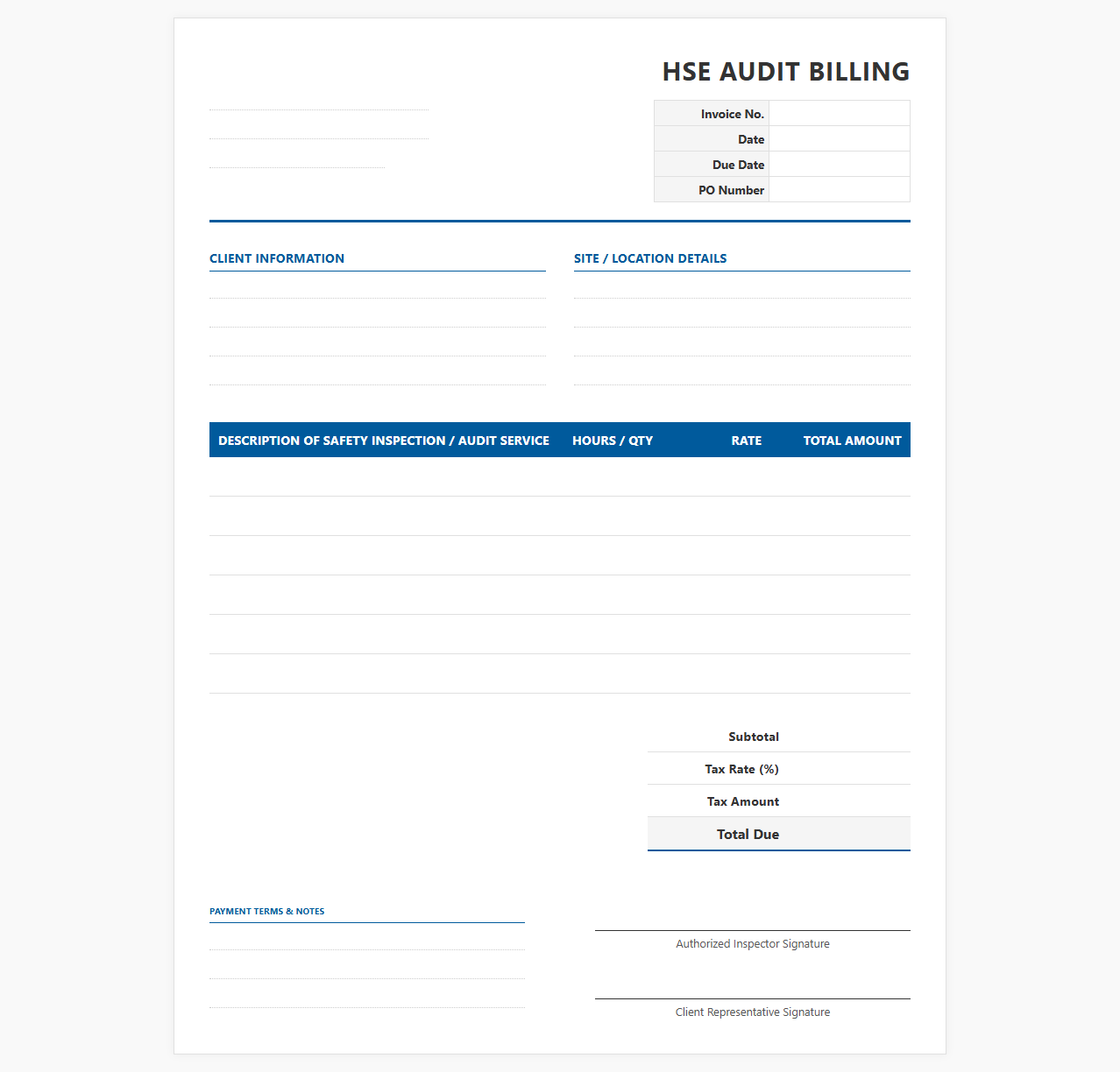 HSE Compliance Audit Billing Sheet