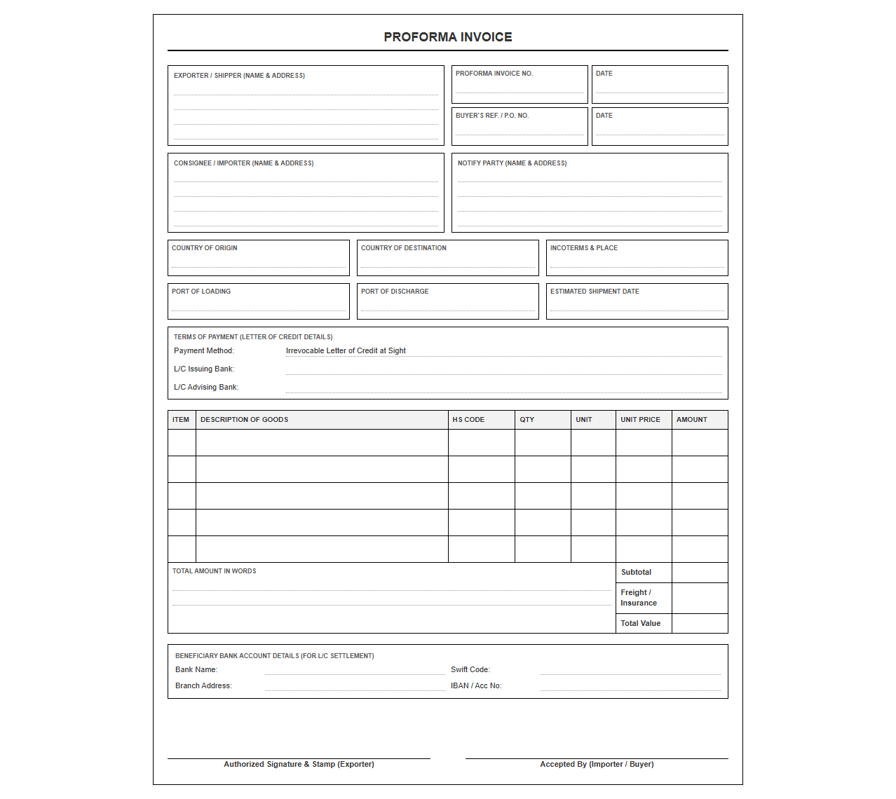Import Export Proforma Invoice for LC