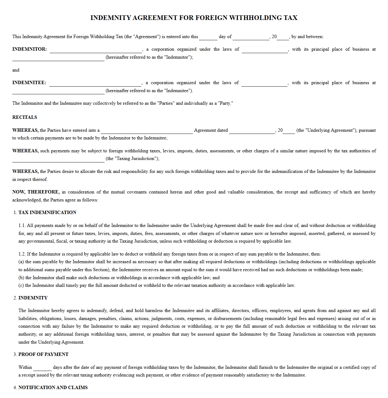 Indemnity Agreement for Foreign Withholding Tax