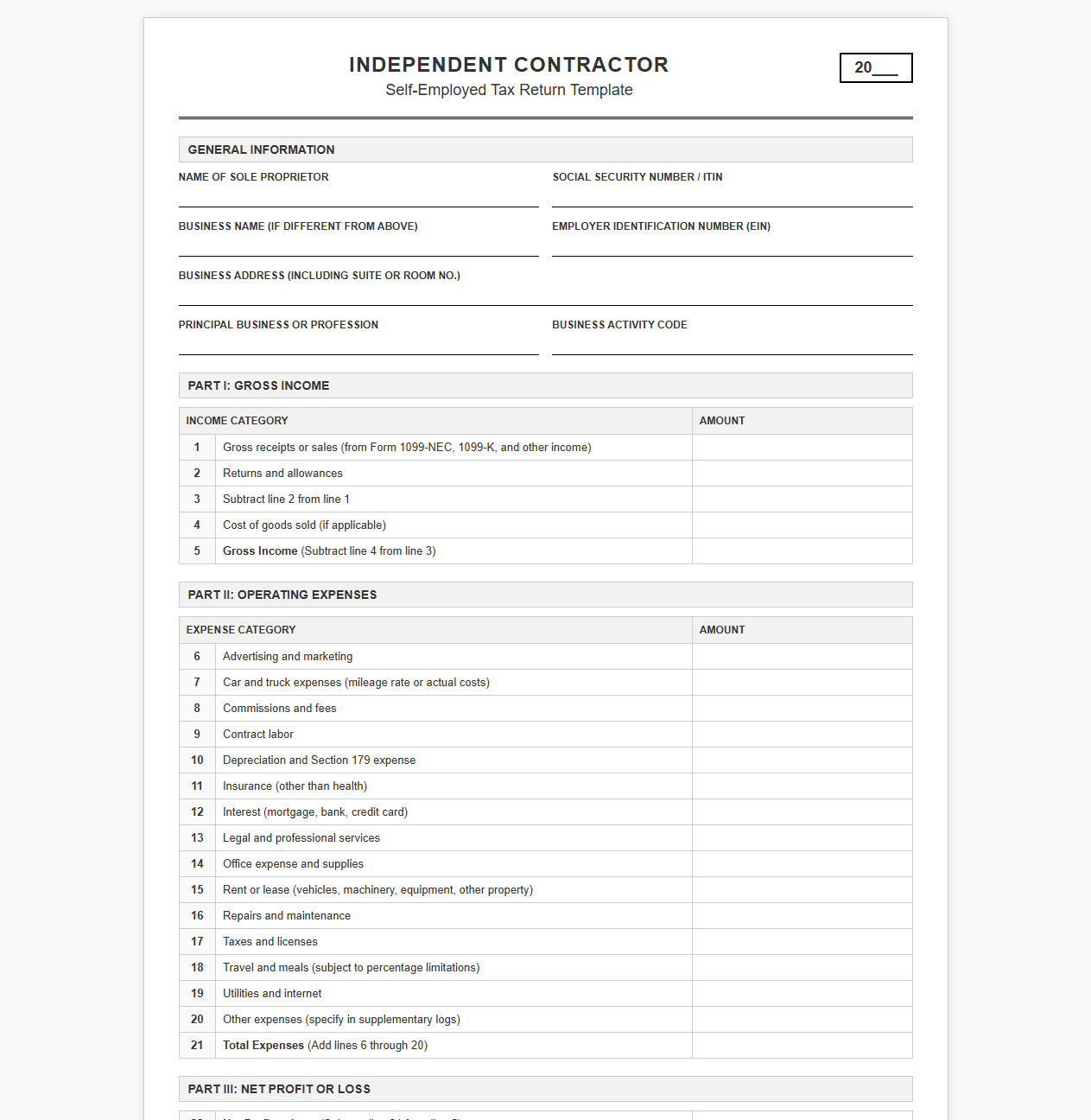 Independent Contractor Tax Return Template