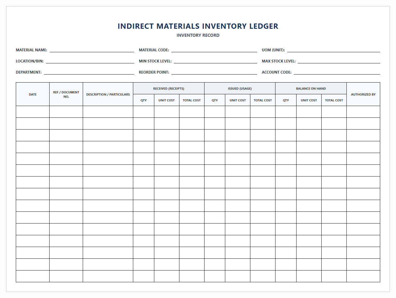 Indirect Materials Inventory Ledger