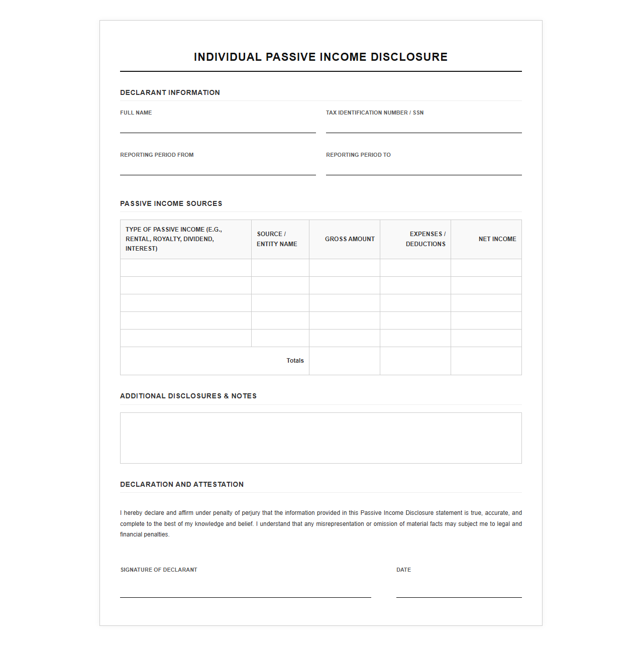 Individual Passive Income Disclosure Template