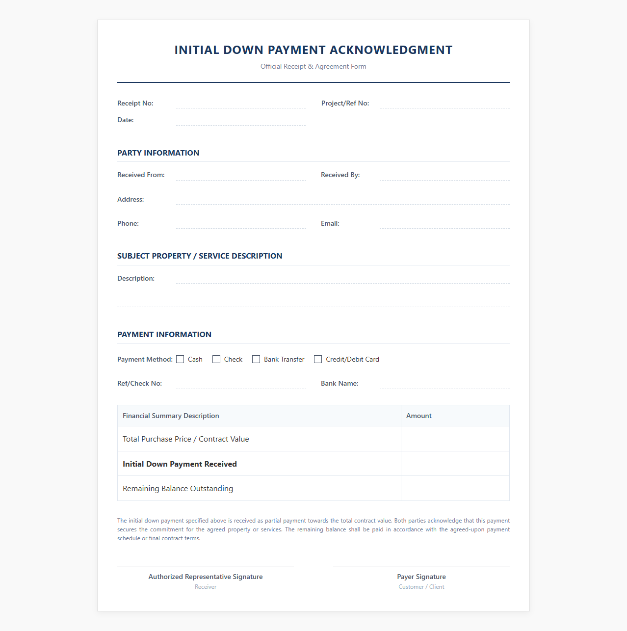Initial Down Payment Acknowledgment Form