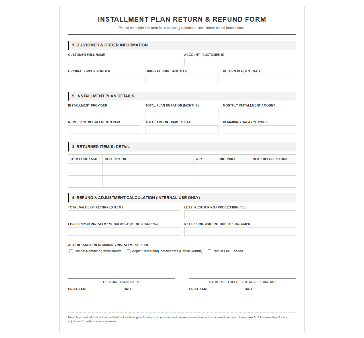 Installment Plan Return and Refund Form