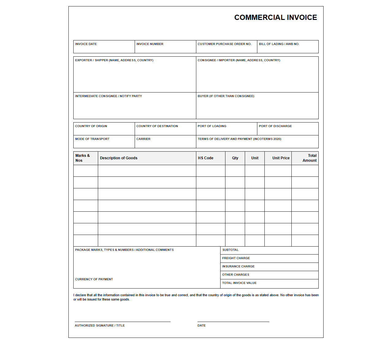 International Commercial Sales Invoice Template