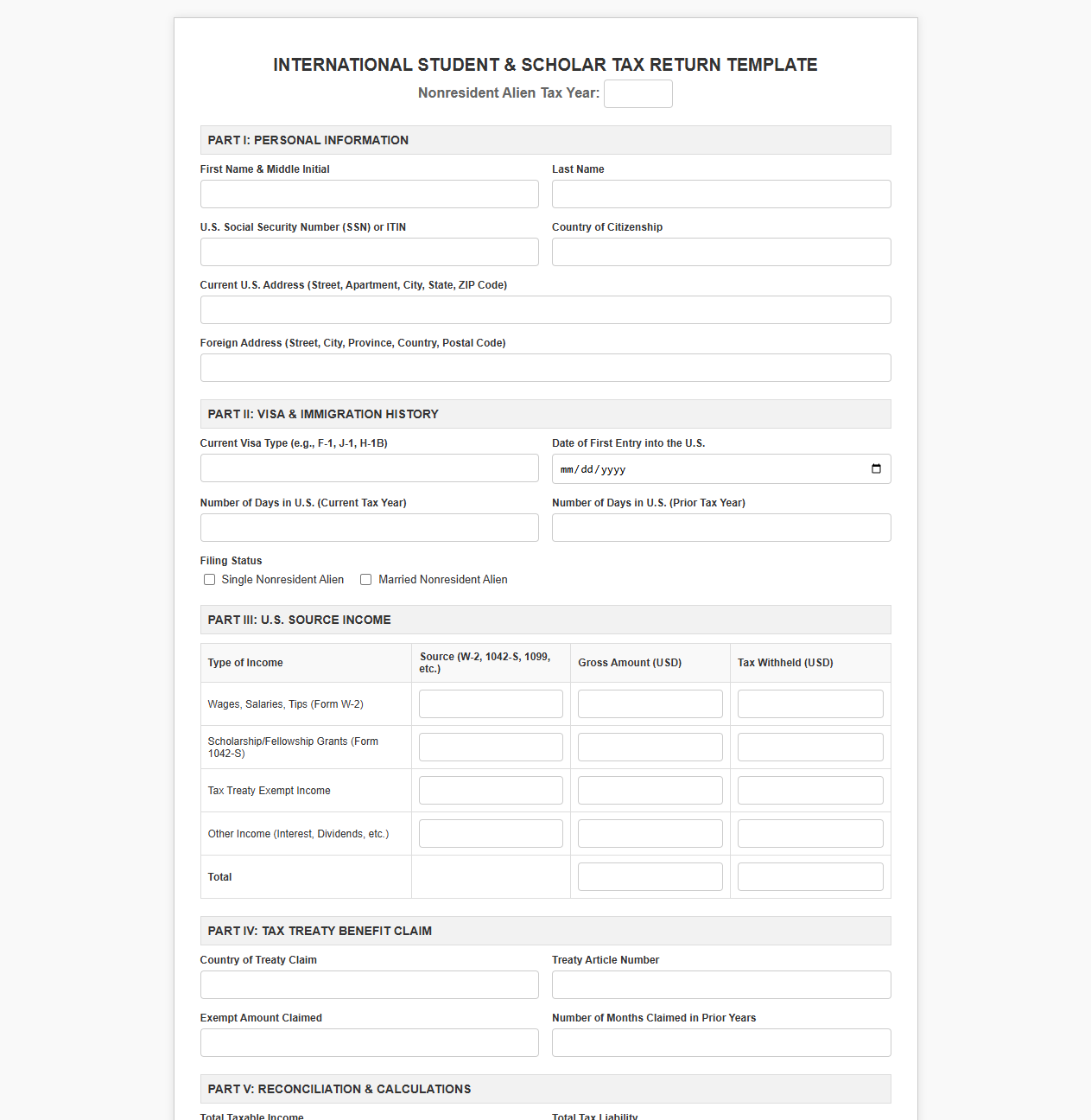 International Student and Scholar Tax Return Template