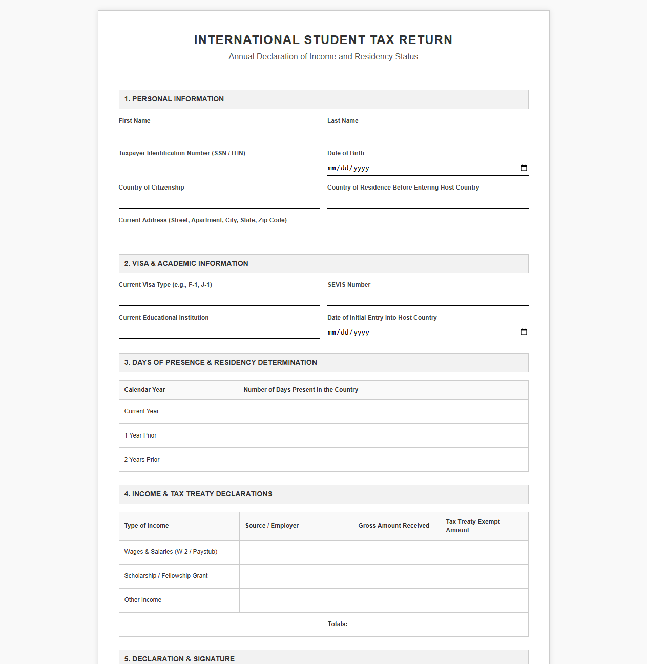 International Student Tax Return Template