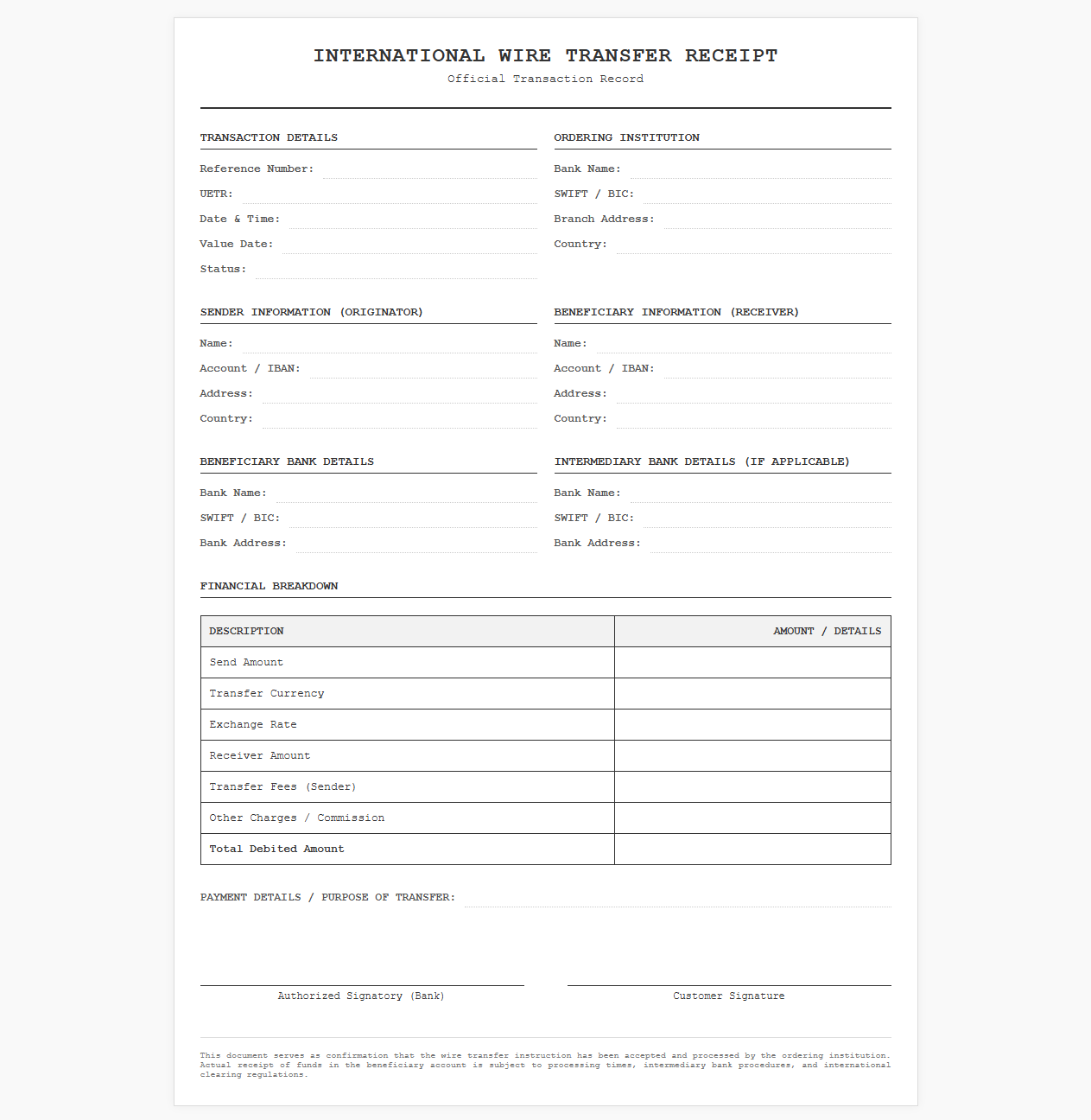 International Wire Transfer Receipt Template