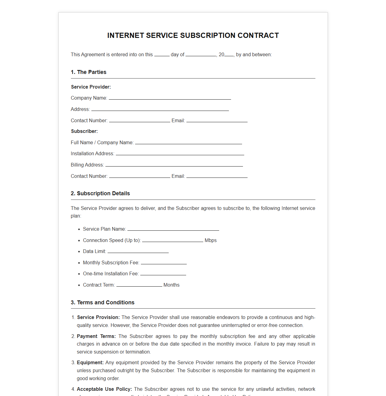 Internet Service Subscription Contract