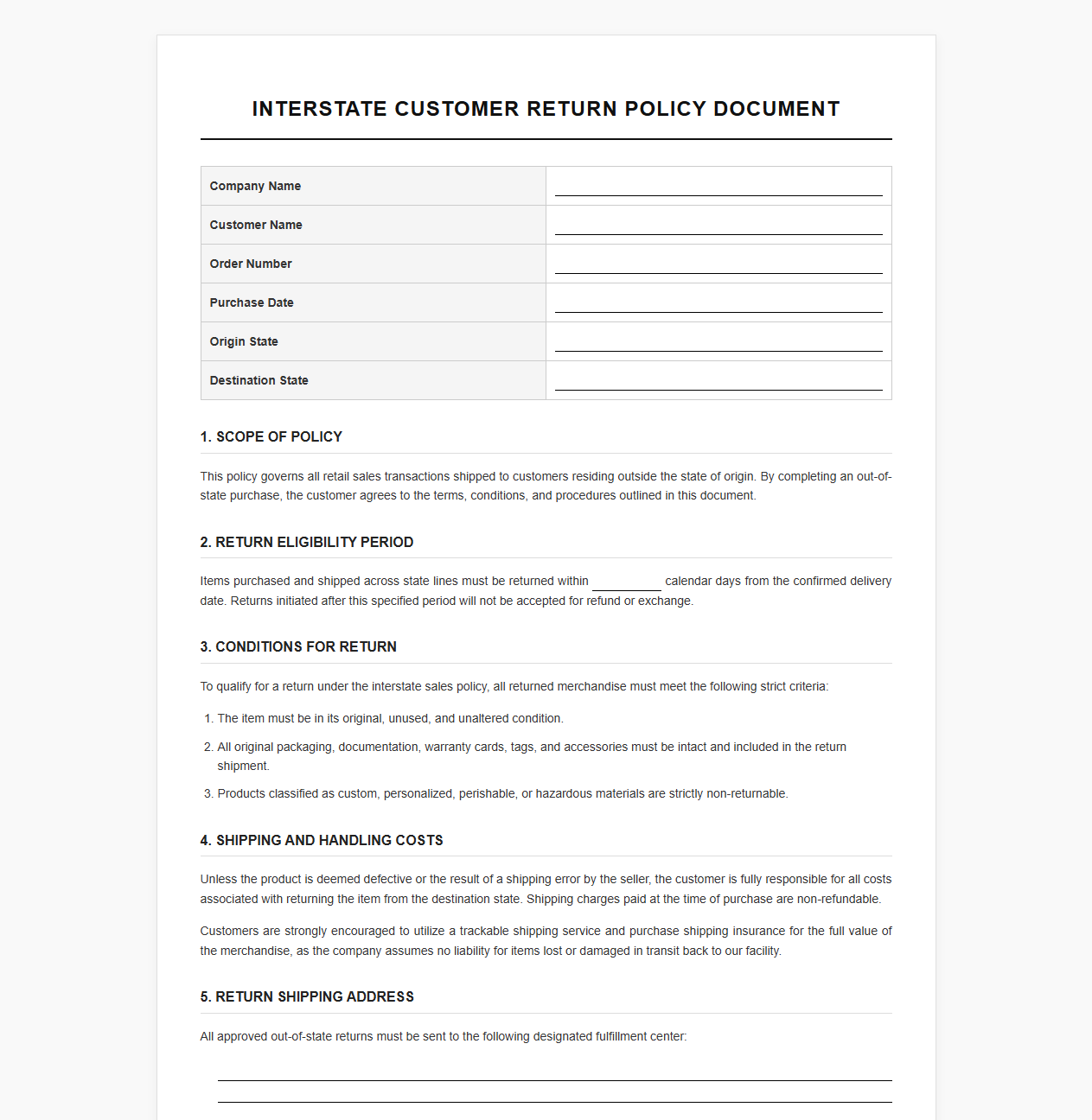 Interstate Customer Return Policy Document