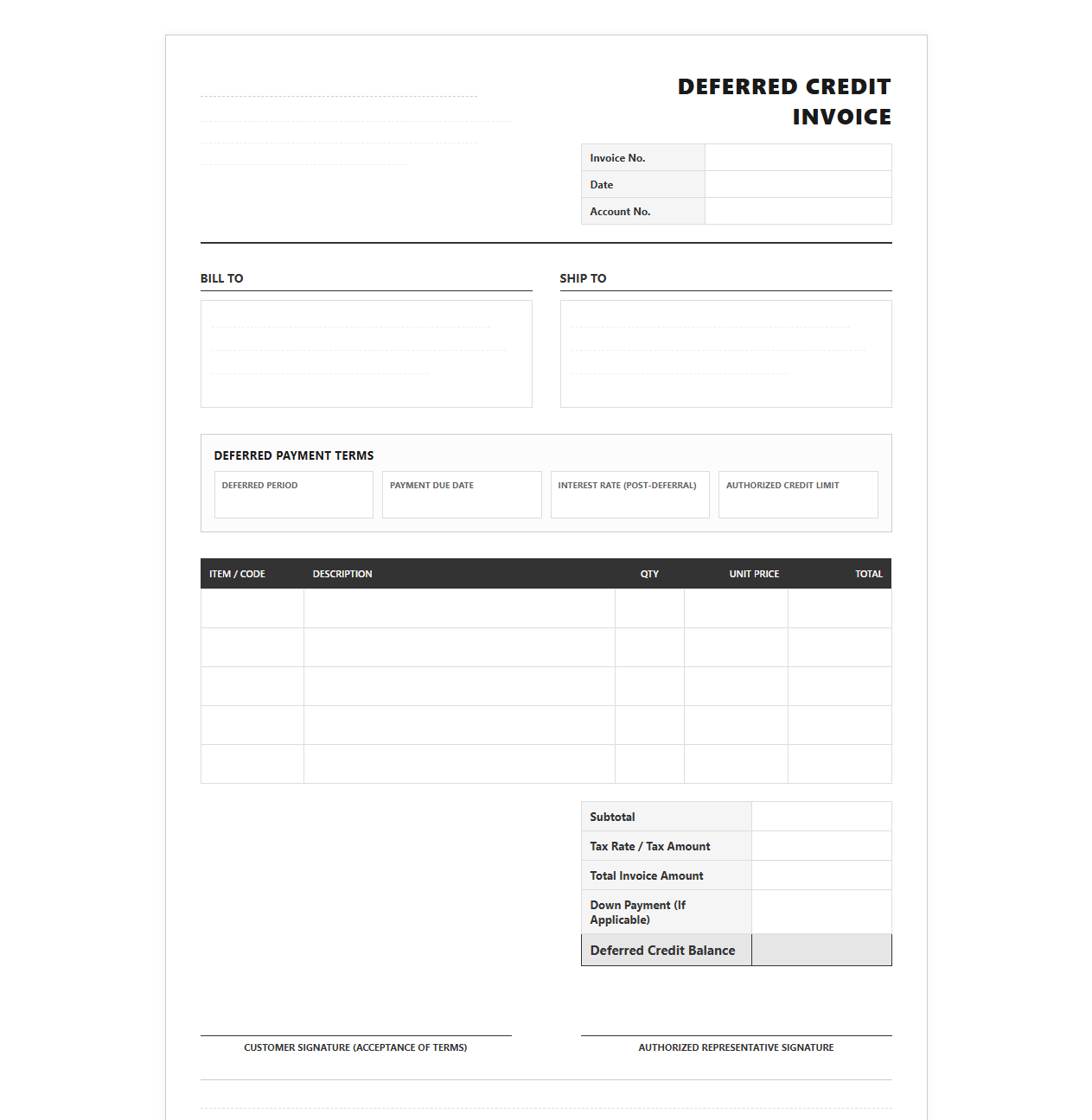 Invoice for Deferred Credit Terms