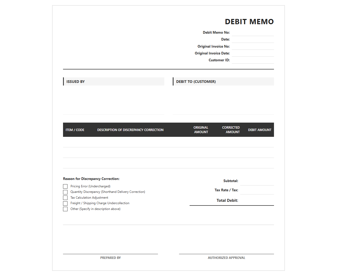 Invoice Discrepancy Adjustment Debit Memo Template