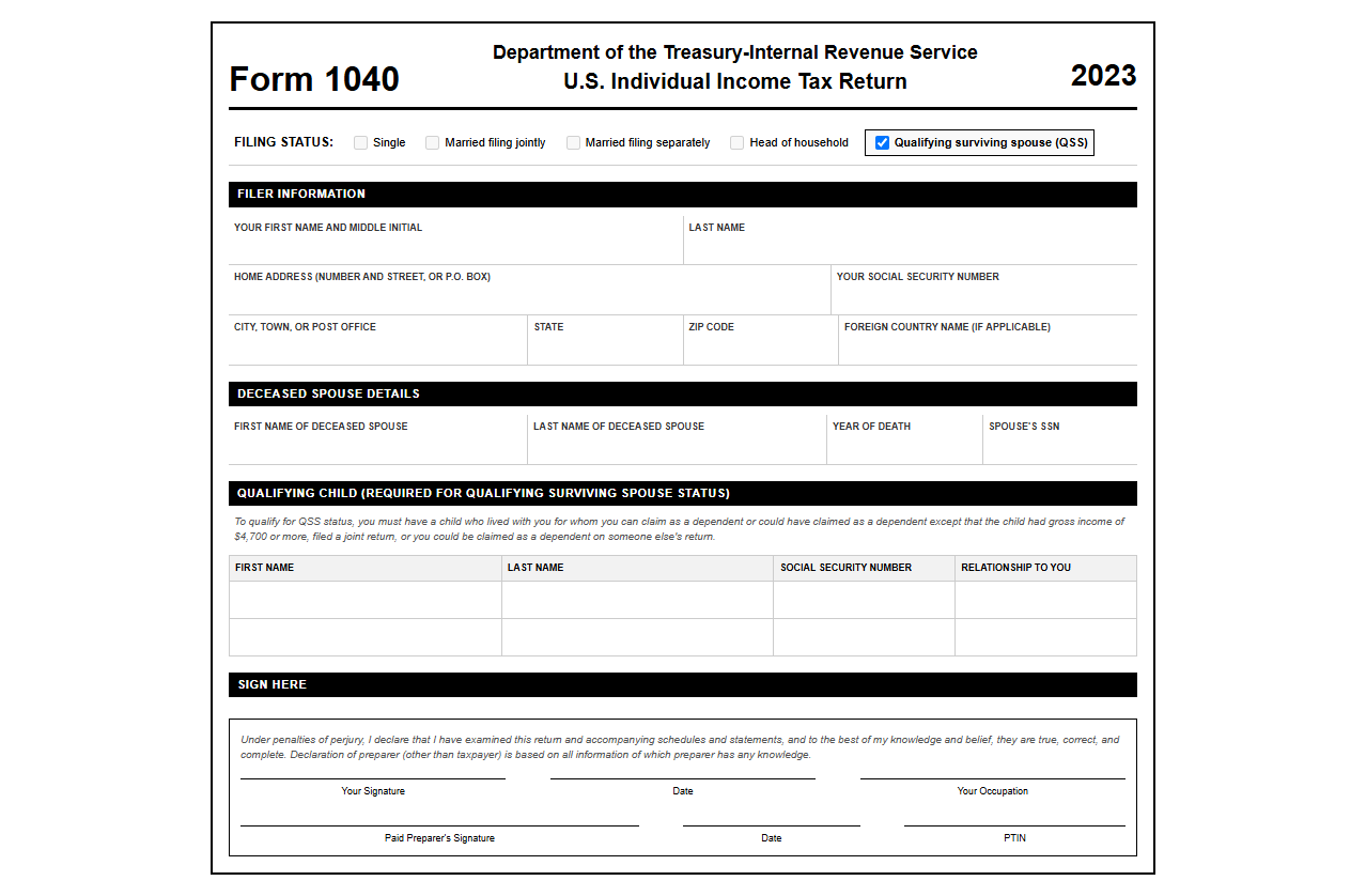 IRS Tax Return Template for Qualifying Surviving Spouse