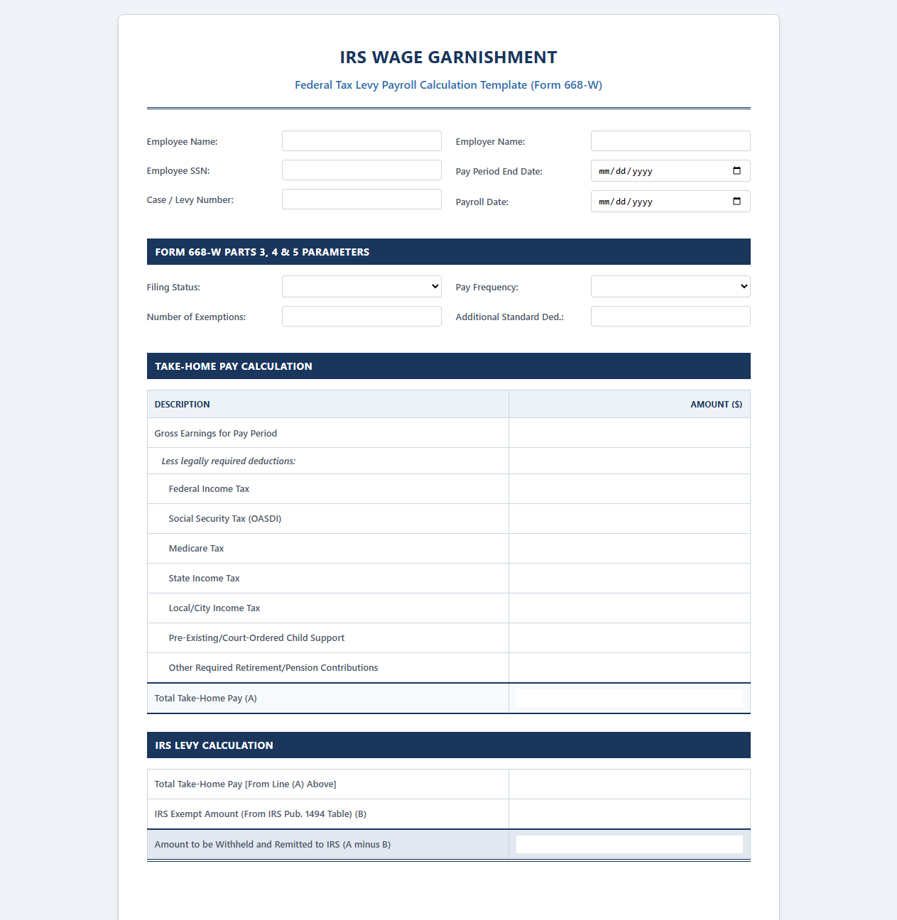 IRS Wage Garnishment Payroll Calculation Template