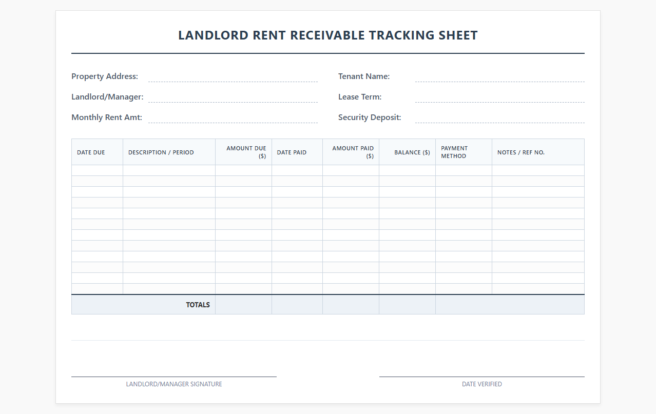 Landlord Rent Receivable Tracking Sheet