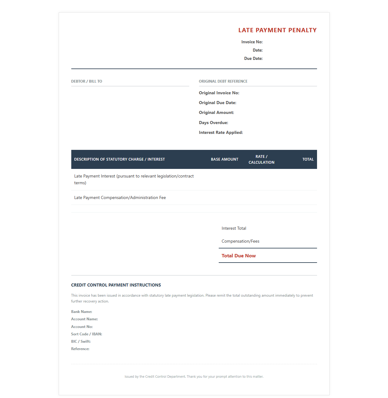 Late Payment Penalties Credit Control Invoice