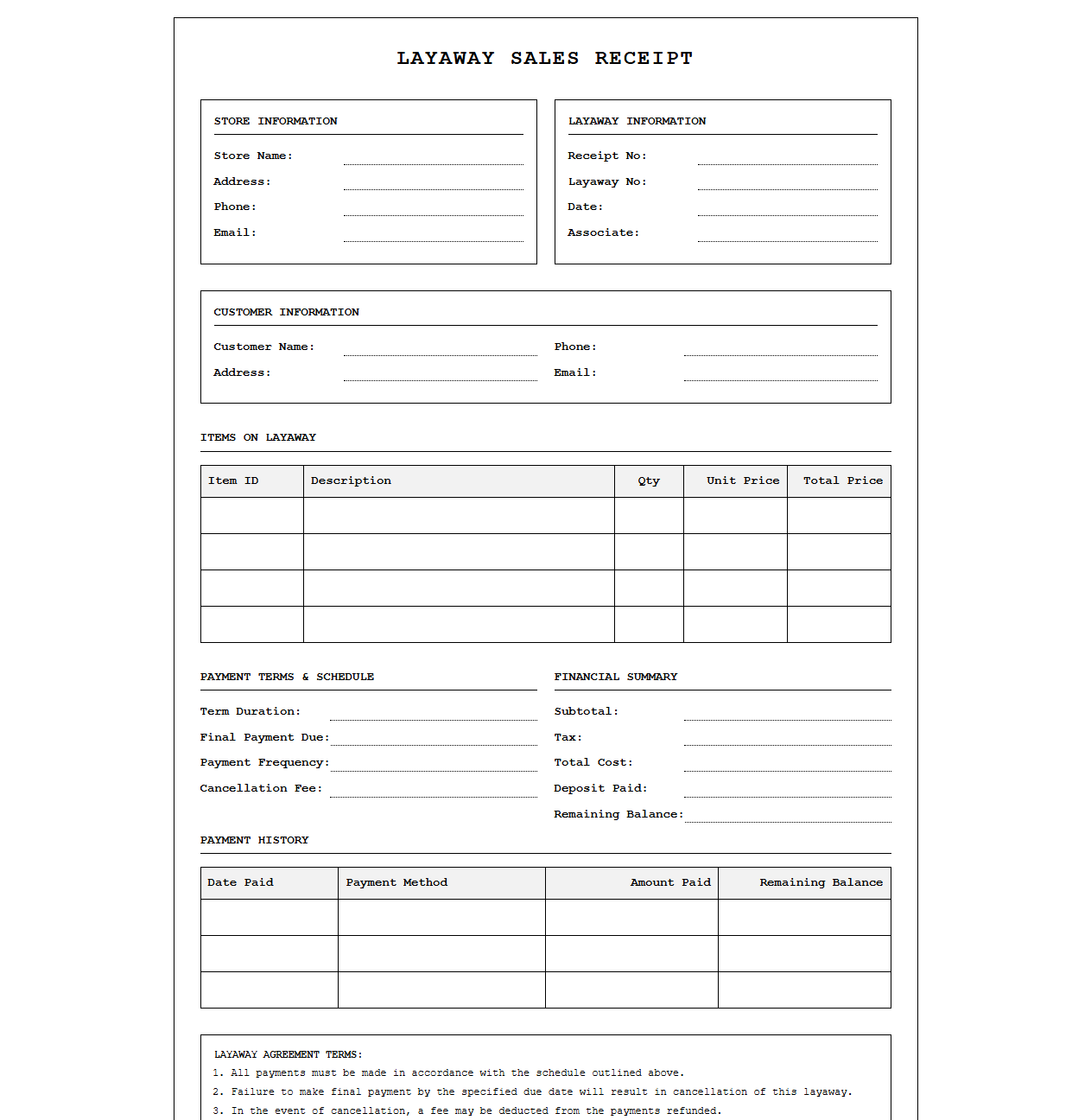 Layaway Plan Sales Receipt Template