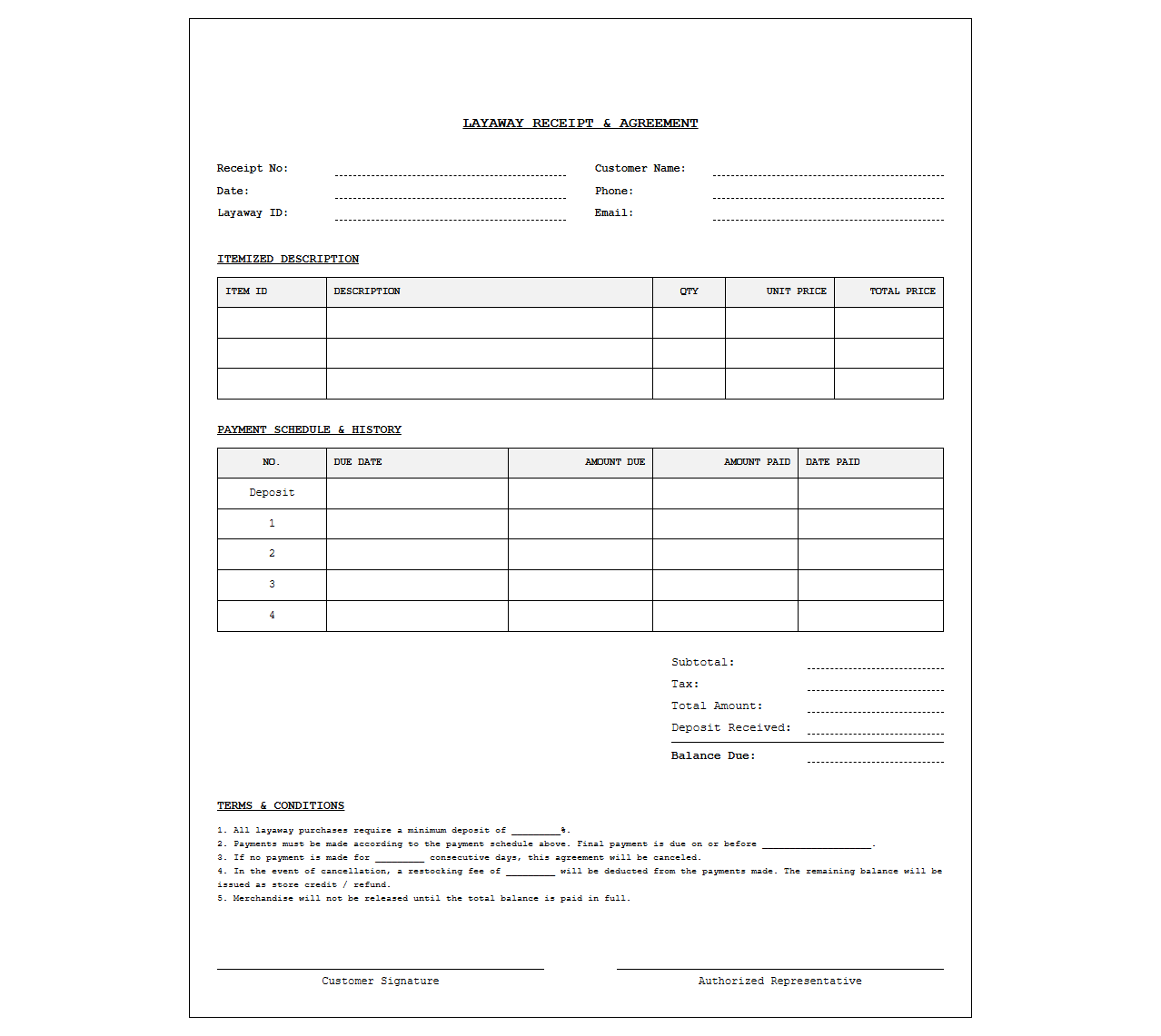 Layaway Transaction Receipt with Payment Schedule