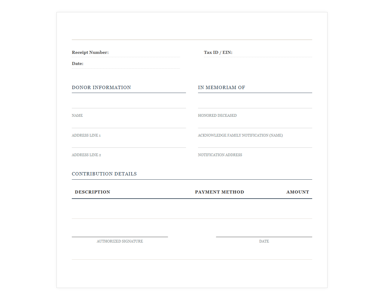 Legacy Memorial Giving Receipt Document Template