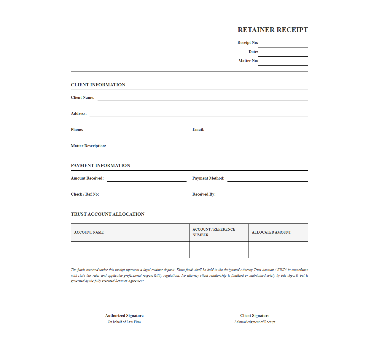 Legal Retainer Deposit Receipt Template