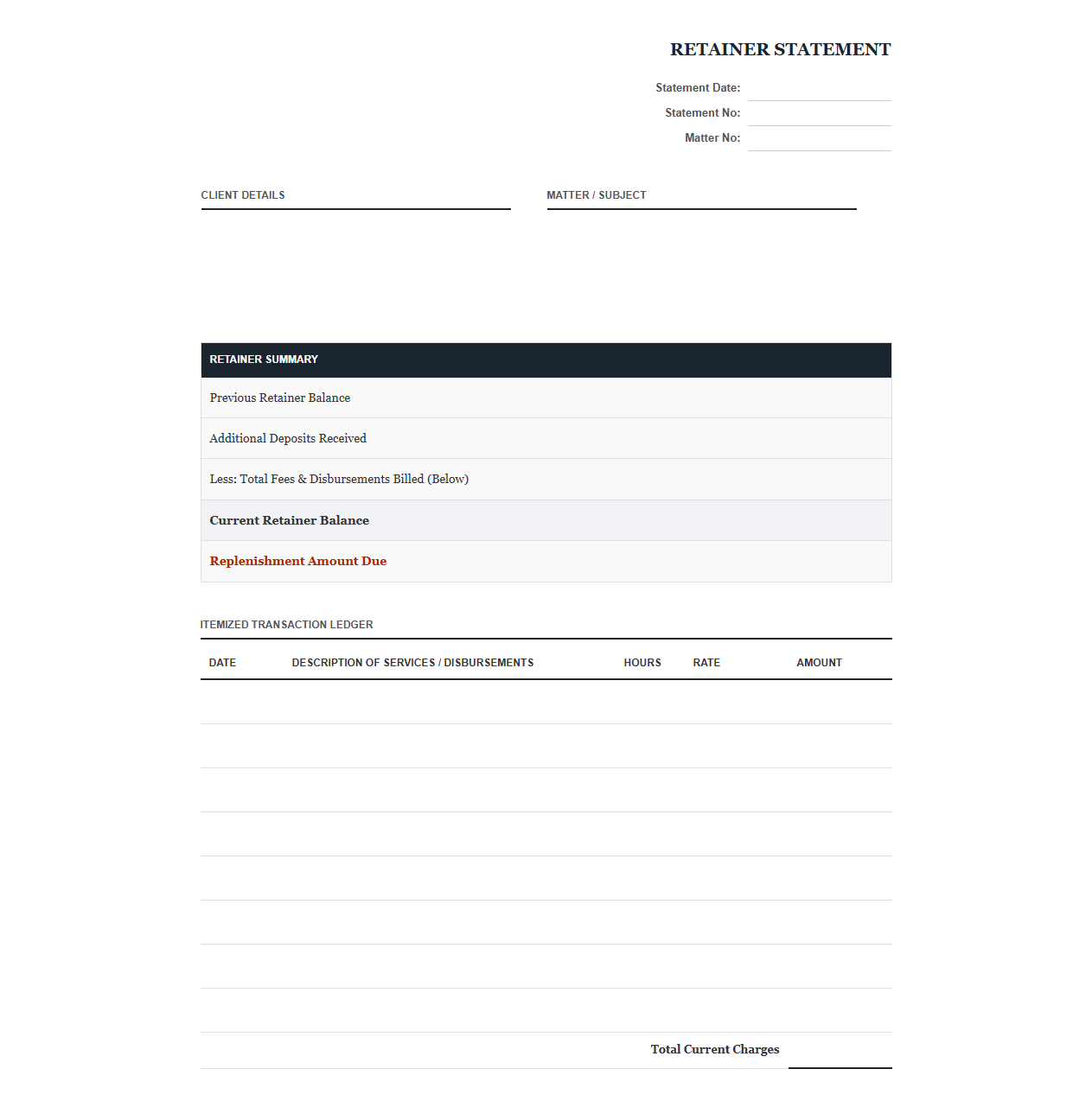 Legal Retainer Fees Billing Statement
