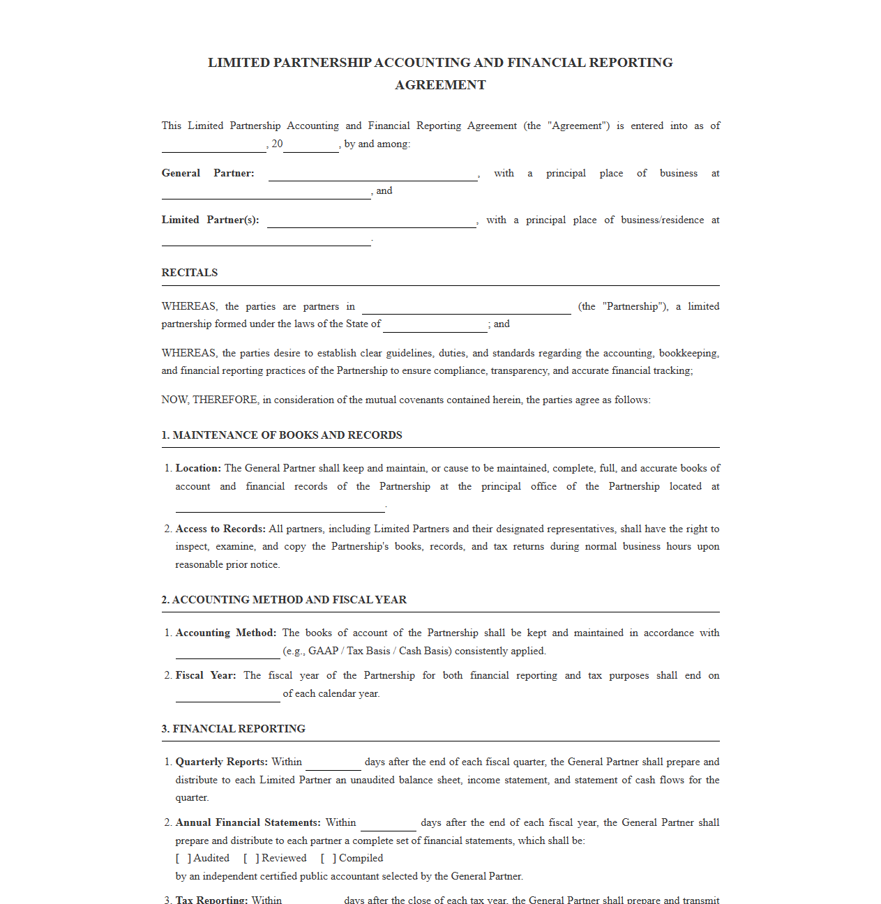 Limited Partnership Accounting and Financial Reporting Agreement