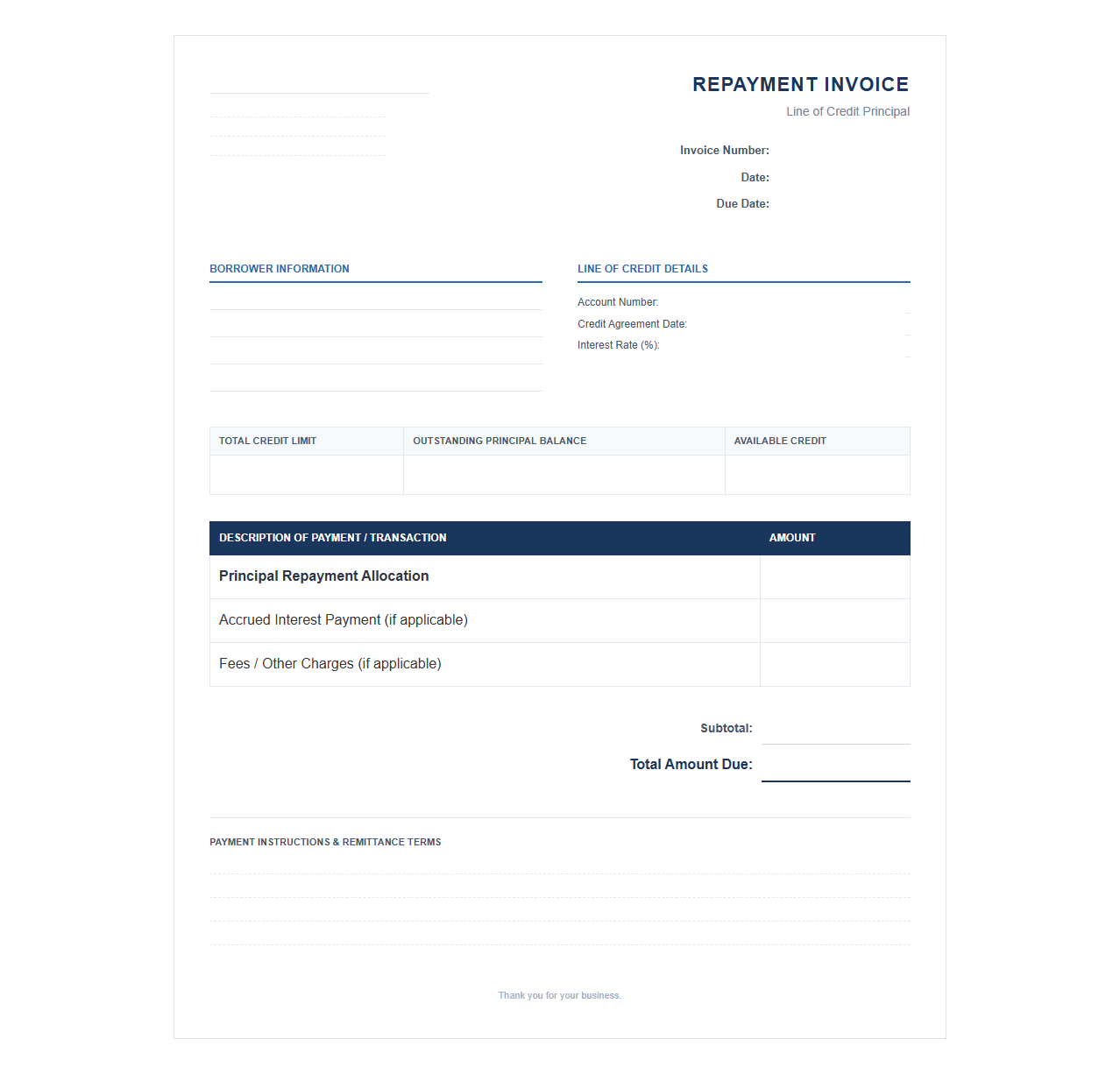 Line of Credit Principal Repayment Invoice
