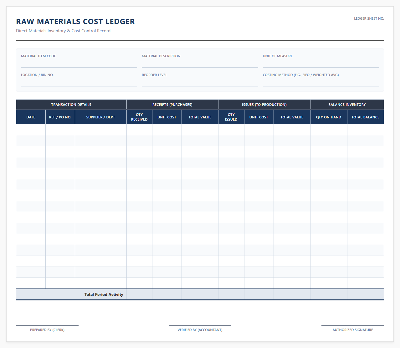 Manufacturing Raw Materials Cost Ledger Template