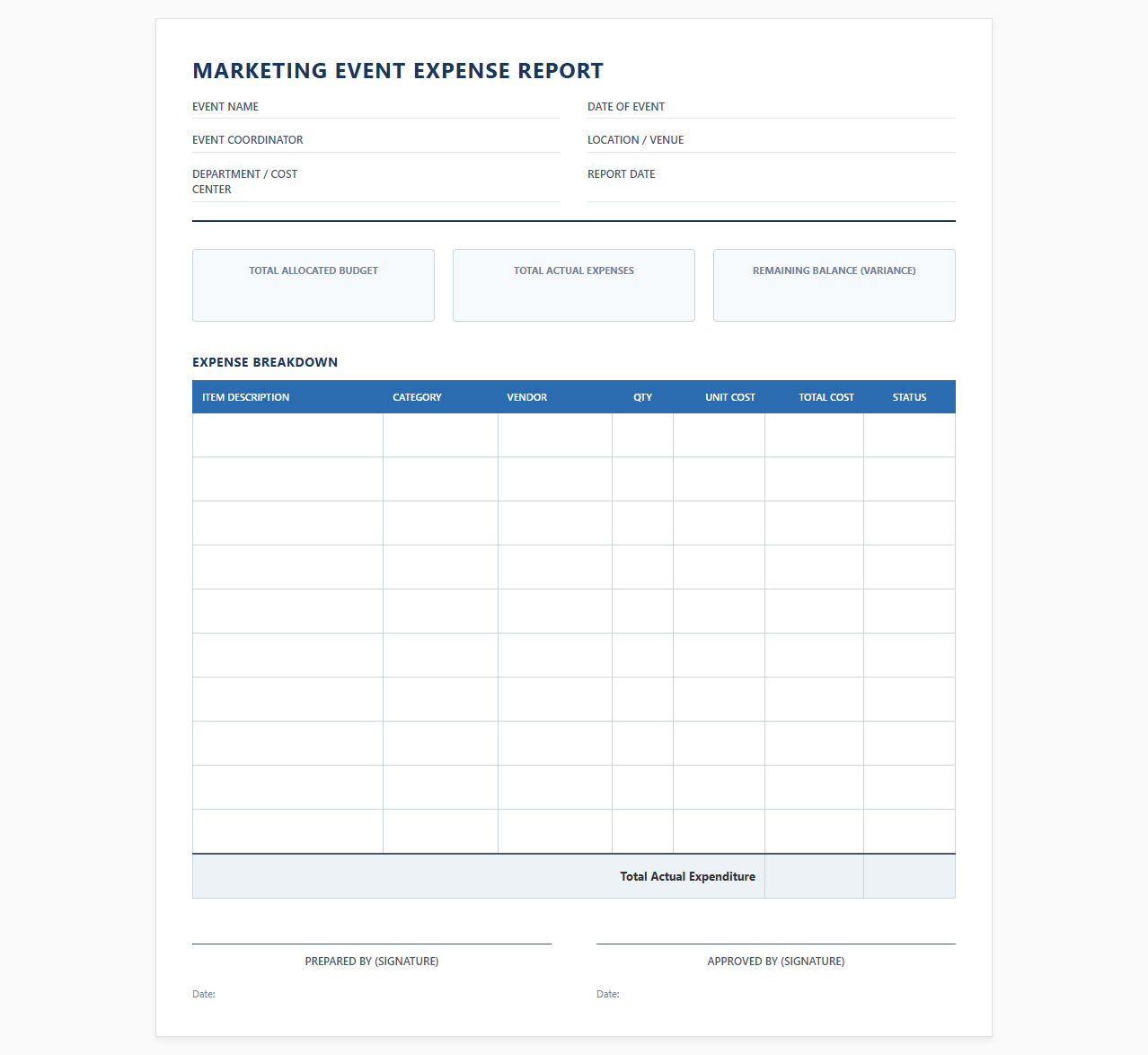 Marketing Event Expense Report Template