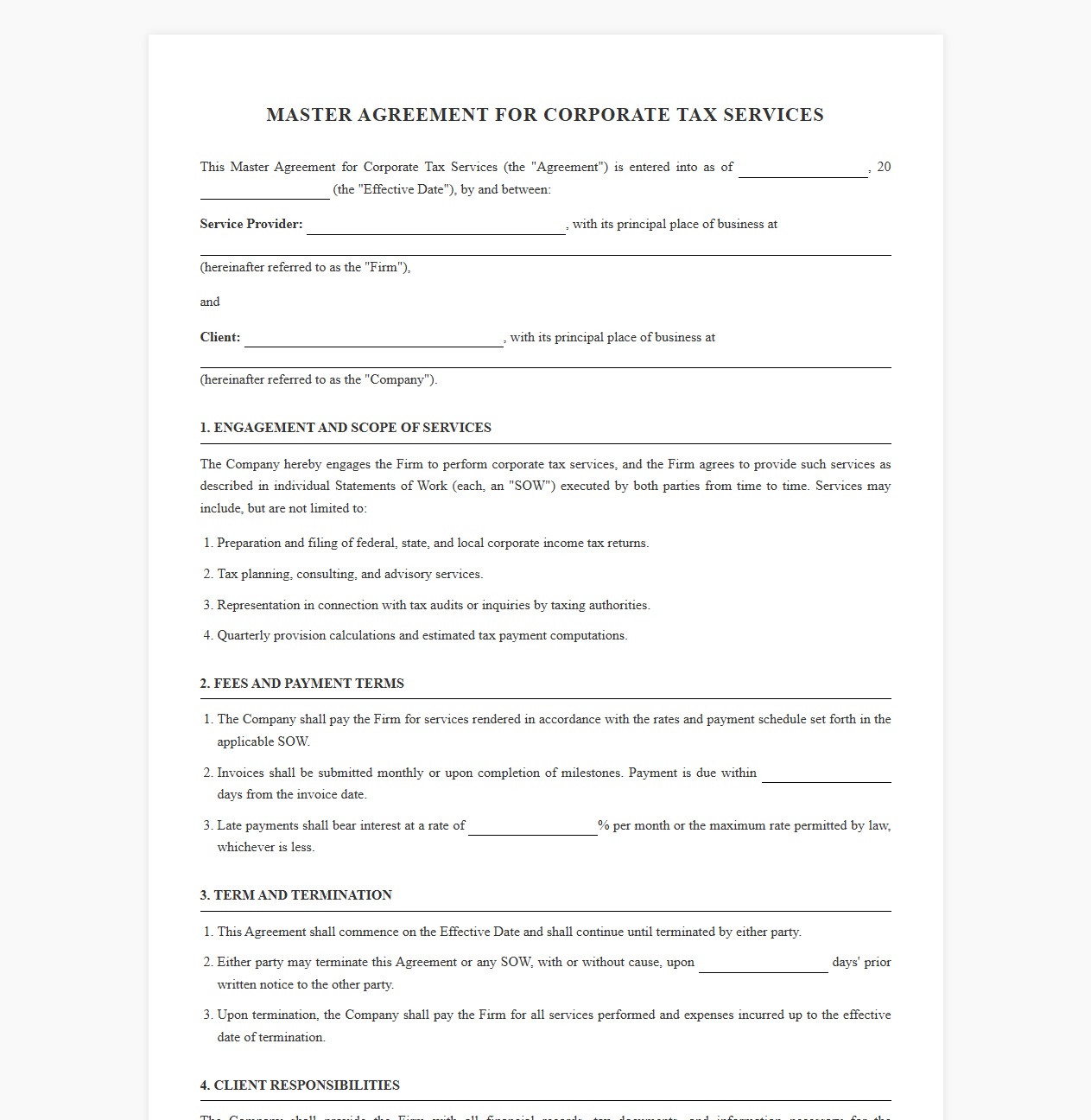 Master Agreement for Corporate Tax Services