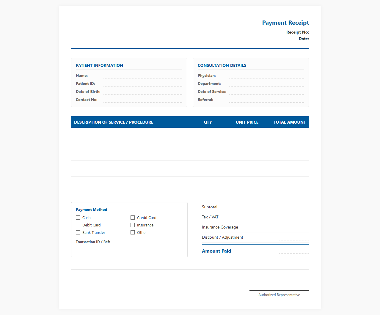 Medical Consultation Billing and Payment Receipt