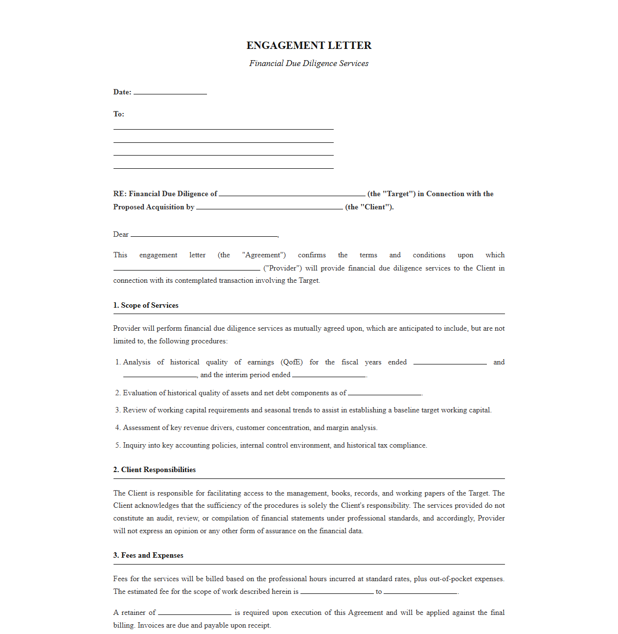 Mergers and Acquisitions Financial Due Diligence Engagement Letter