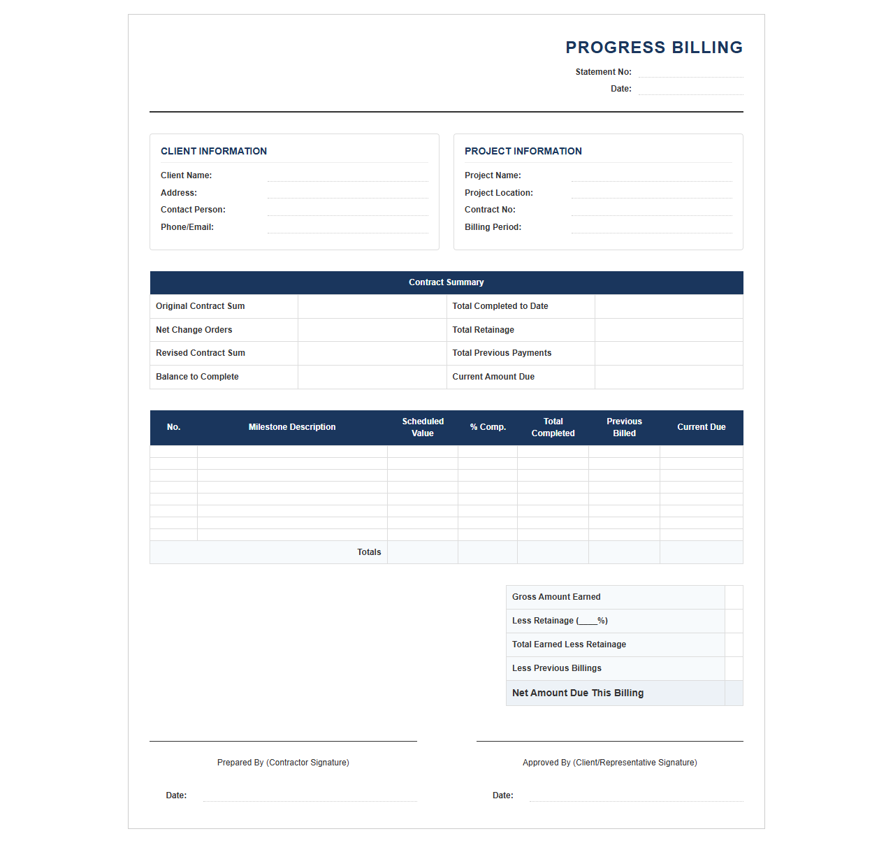 Milestone-Based Progress Billing Statement