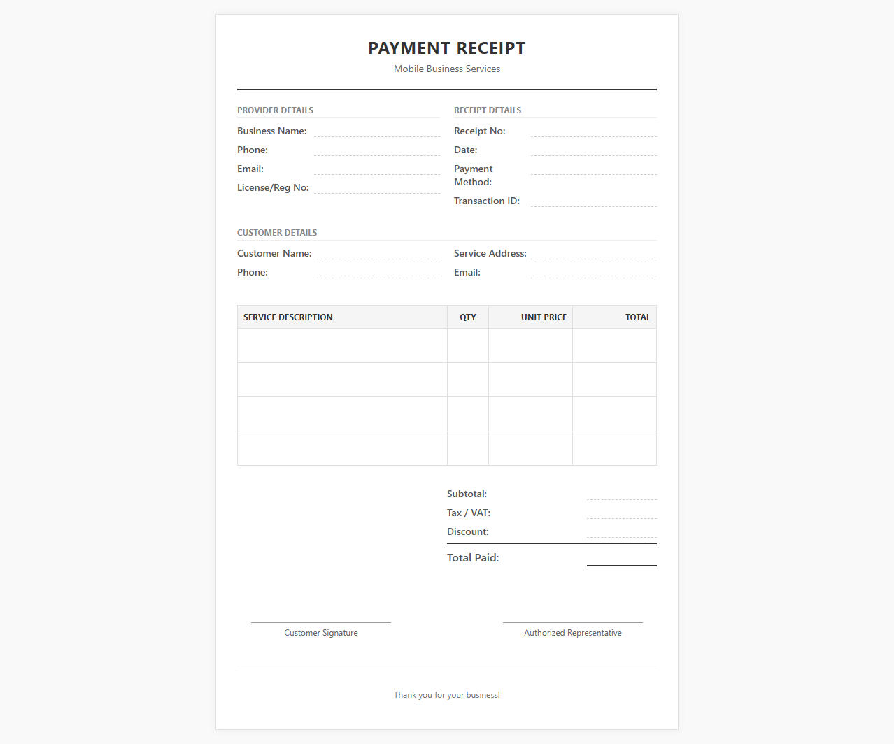 Mobile Business Service Customer Payment Receipt